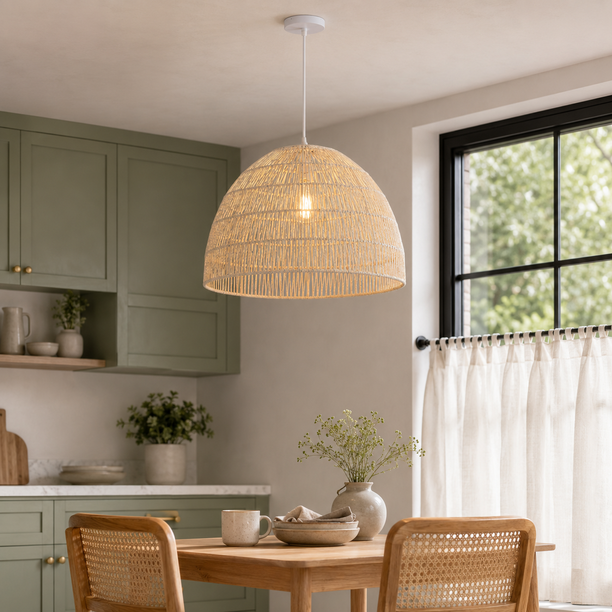 Paper rope dome pendant light above a warm dining counter