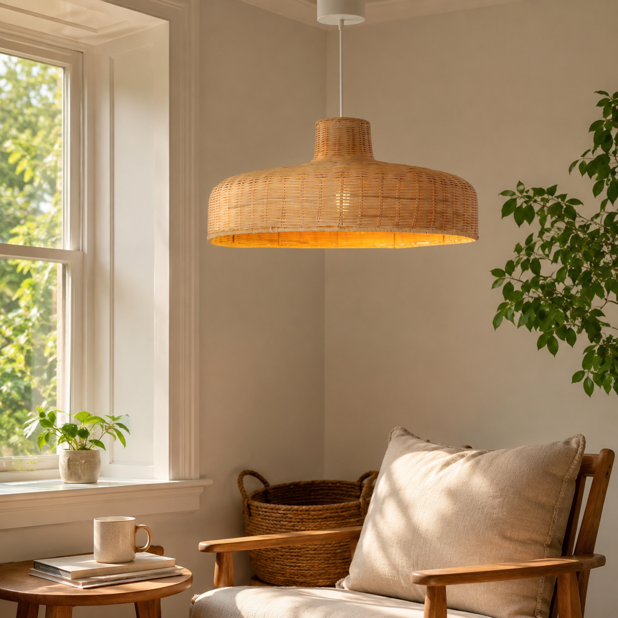 rattan pendant light above a bright dining table