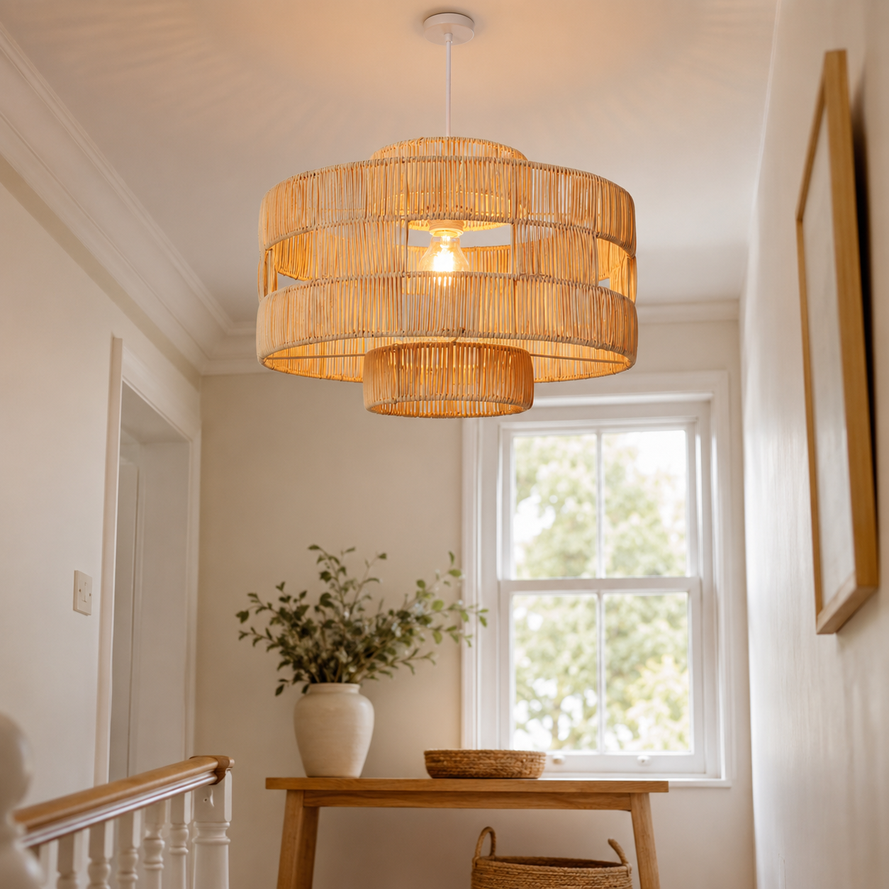 rattan pendant light above a bright dining table
