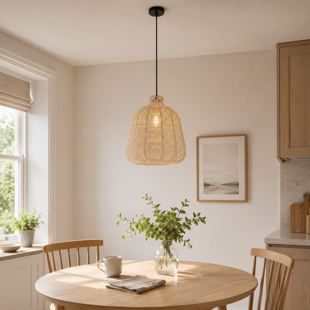 rattan pendant light above a bright dining table