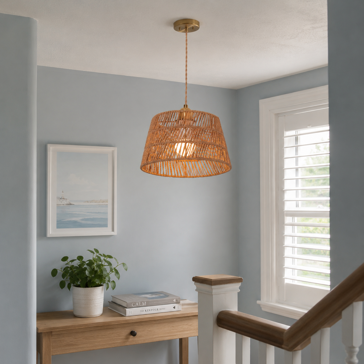 paper rope pendant light above a bright dining table