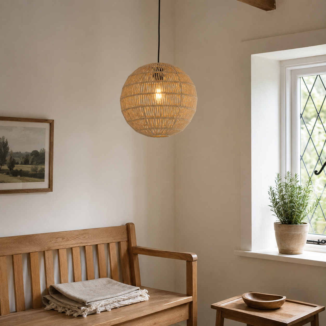 cotton rope pendant light over a warm kitchen counter