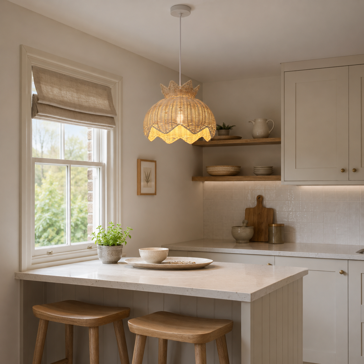 paper rope pendant light above a bright dining table