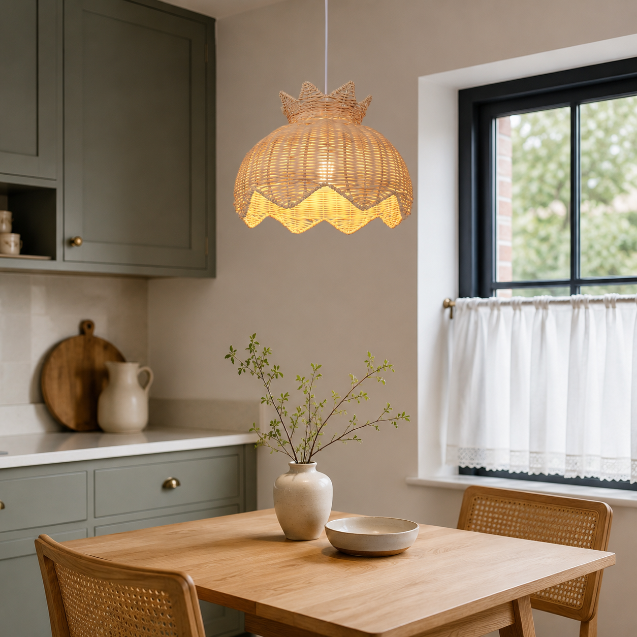 paper rope pendant light over a warm kitchen counter