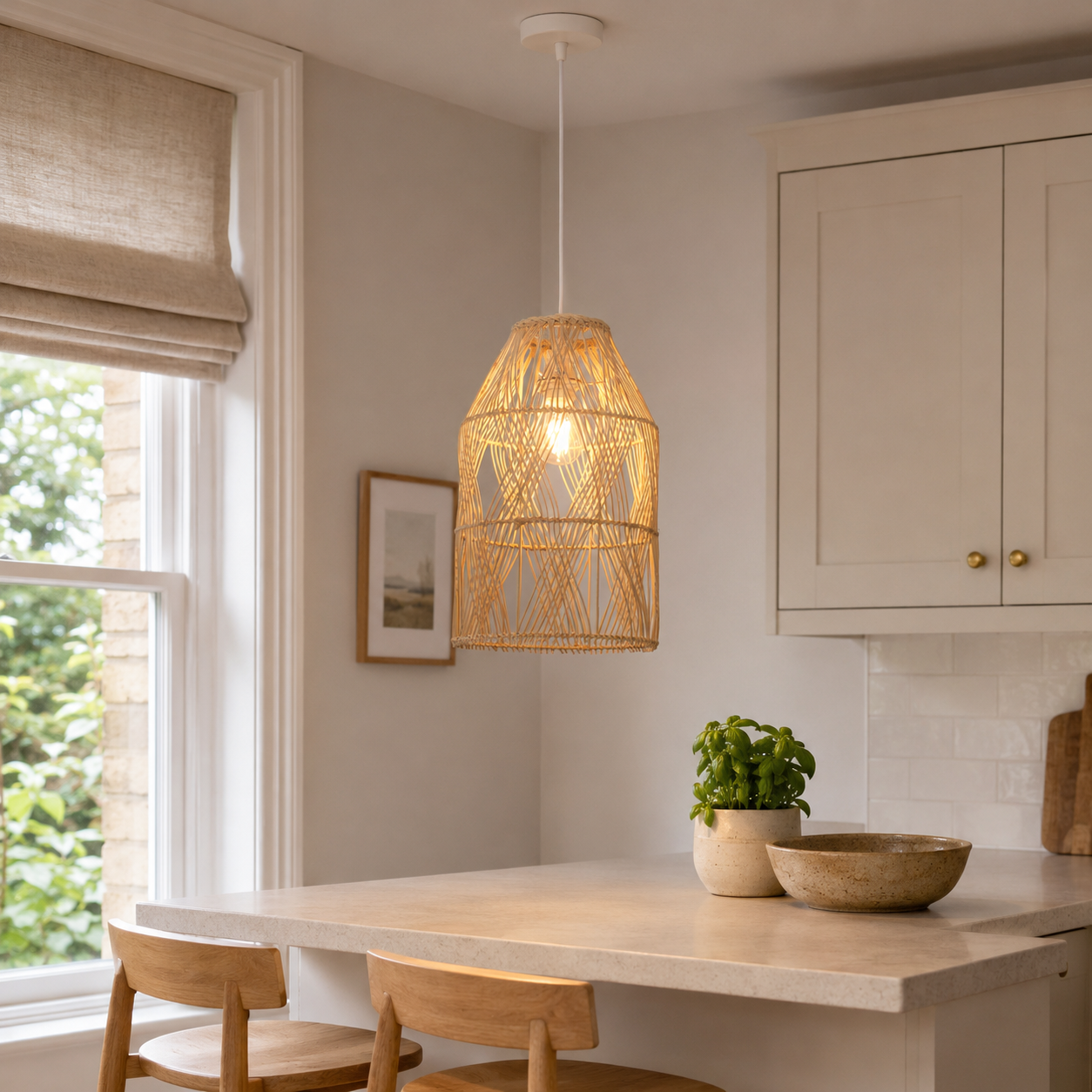rattan pendant light above a bright dining table