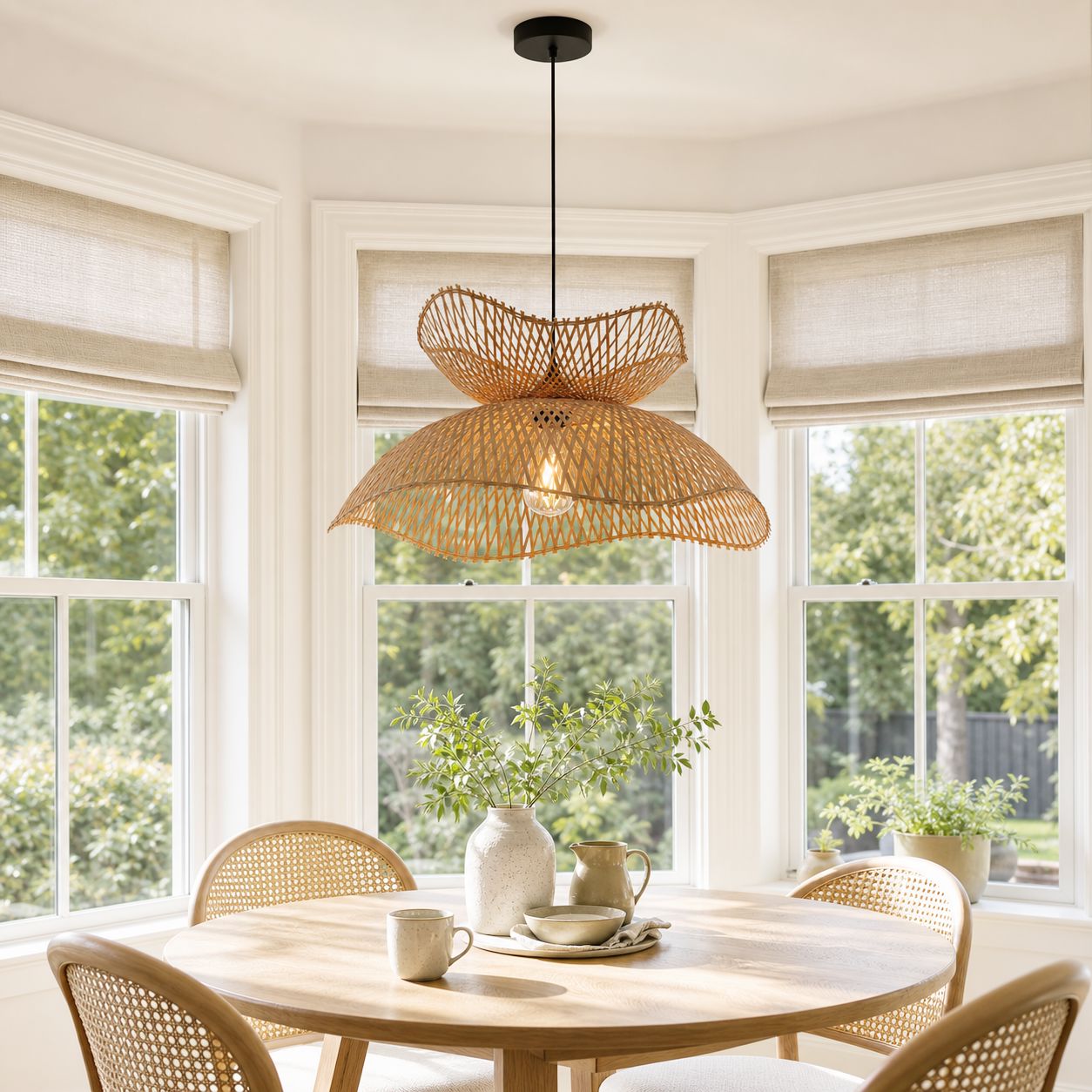 double-layer bamboo pendant light above a round breakfast table by windows