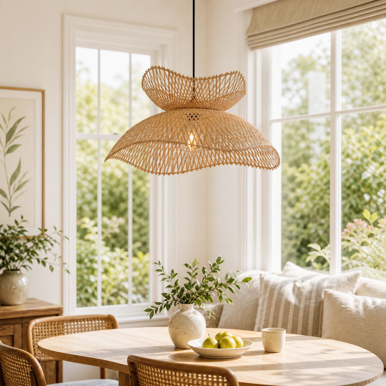 natural bamboo pendant light in a sunny dining nook with garden view