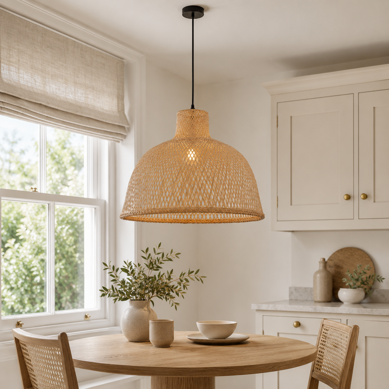 Bamboo dome pendant light above a bright round dining table