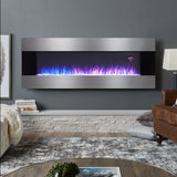 50/60 Inch Silver Electric Fireplace Crystal Accents 6 Flame Colour Heater Wall Mounted Fireplaces