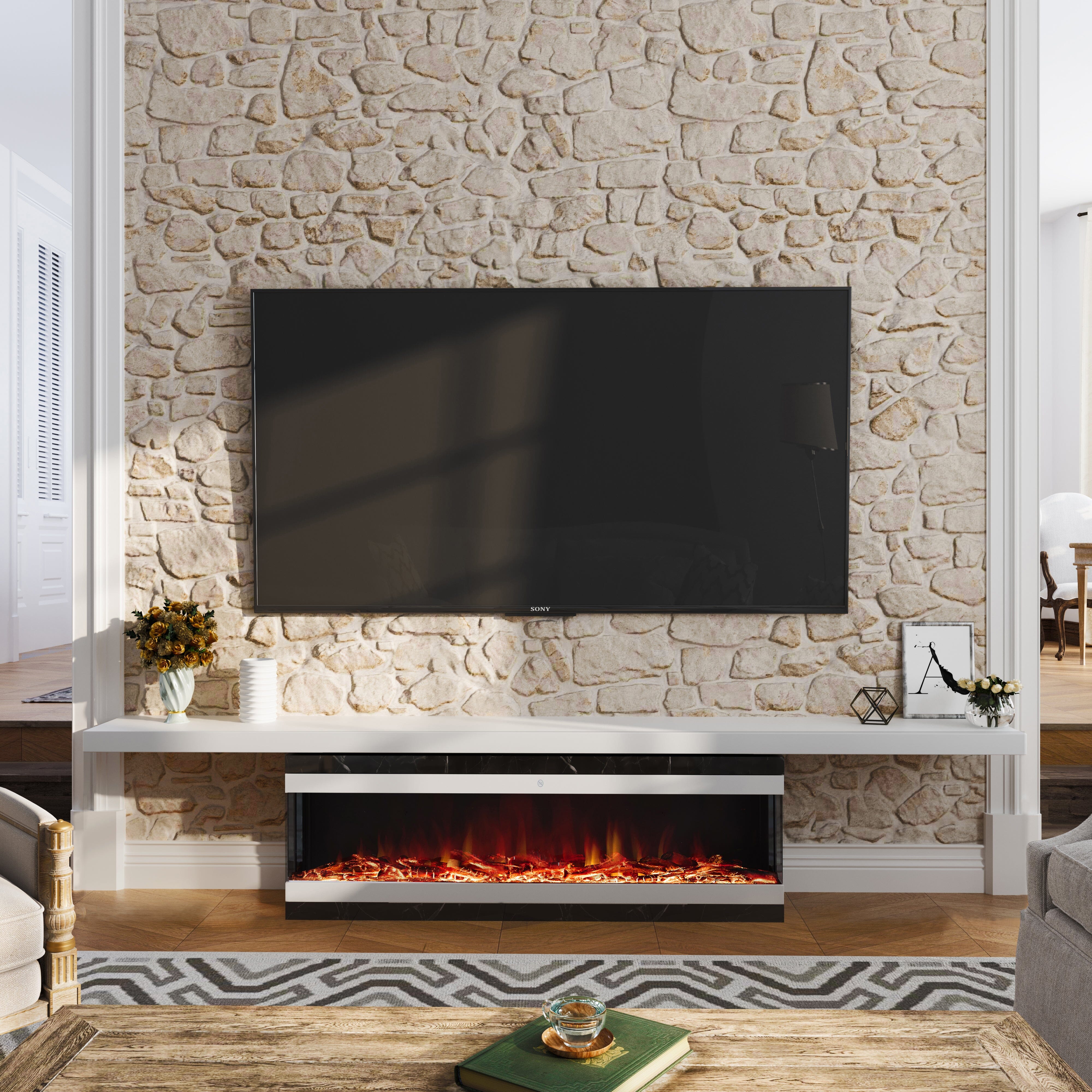 42/48/56/72inch 3-Sided Black/White Electric Fireplace with Remote Control, WiFi Function, Adjustable LED Flames and Heating Modes Living and Home White 56inch 