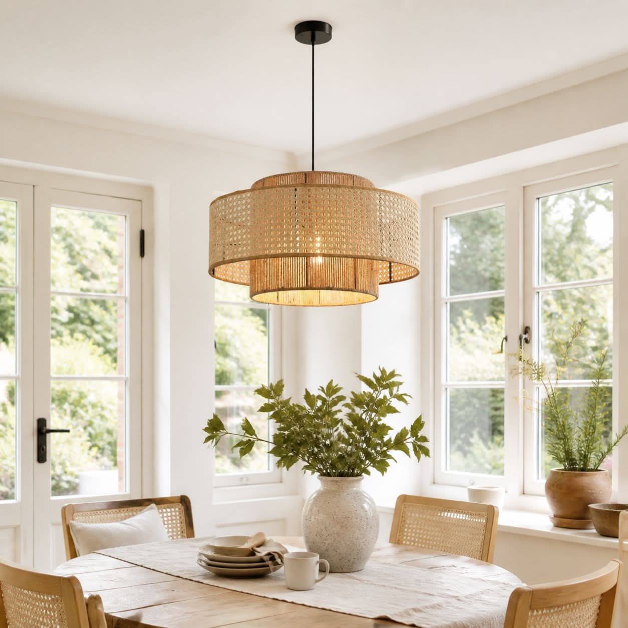 Lightsin Natural Woven Rattan and Hemp Rope Rustic Pendant Light Fixture Lightsin UK 