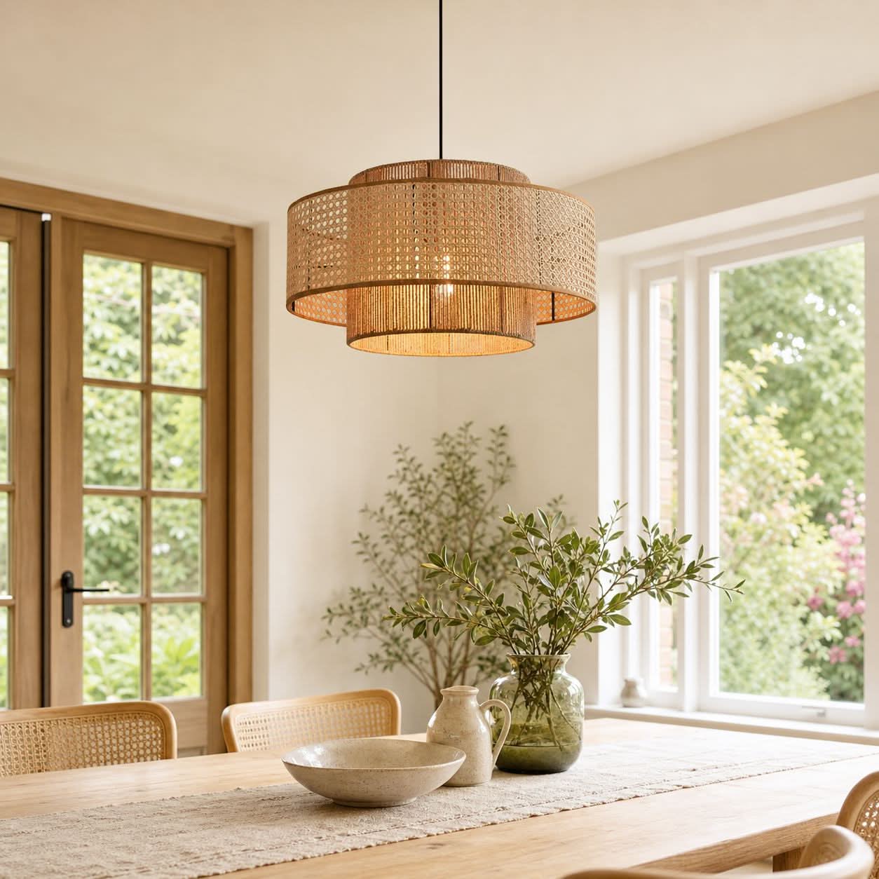 Lightsin Natural Woven Rattan and Hemp Rope Rustic Pendant Light Fixture Lightsin UK 