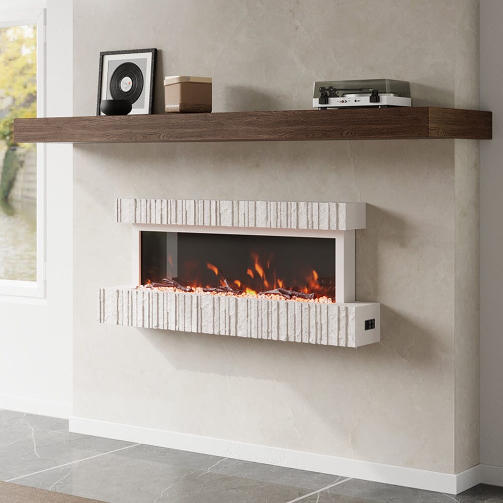 47/59 Inch Wall Mounted Electric Fireplace with Faux Stone Mantel, WiFi, Remote & LED Flames Living and Home 