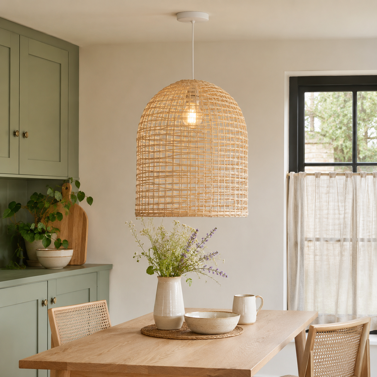Cage rattan pendant light glowing over a white counter