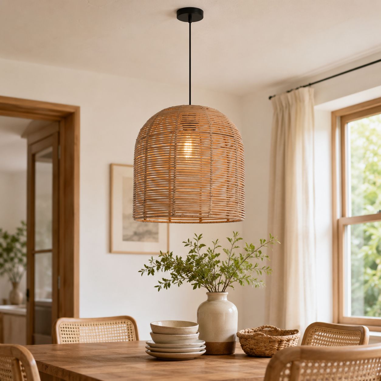 Lightsin Rustic Rattan Dome Pendant Light – Handwoven Ceiling Pendant Light for Living Room, Kitchen, and Modern Rustic Interiors Lightsin UK 