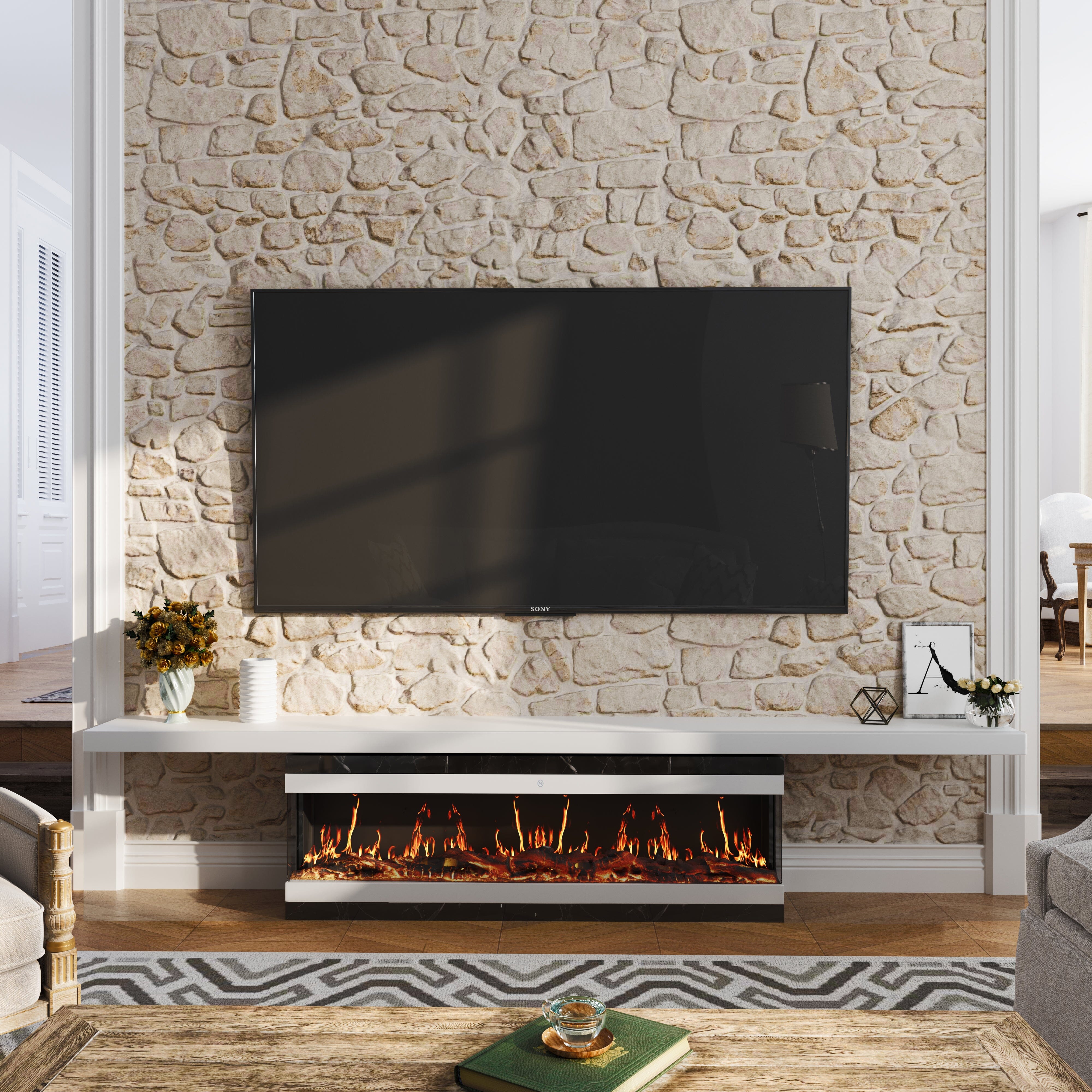 42/50/60/72inch 3-Sided Black/White Electric Fireplace with Remote Control, WiFi Function, Adjustable LED Flames and Heating Modes Living and Home White 60inch 