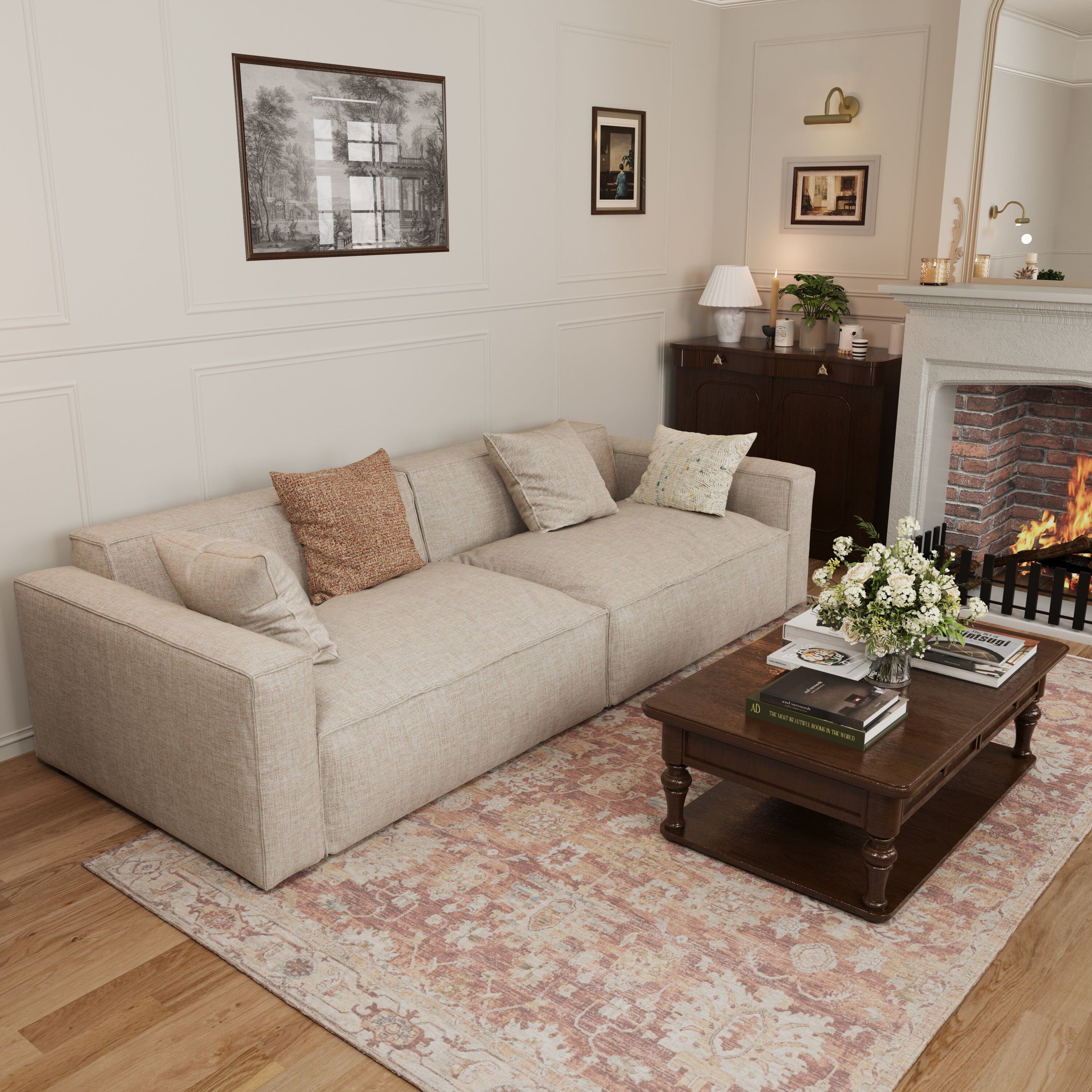 Cottonfy Elegant Linen Tofu Block Fabric Down Sofa 2 Seater Sofas Cottonfy UK 