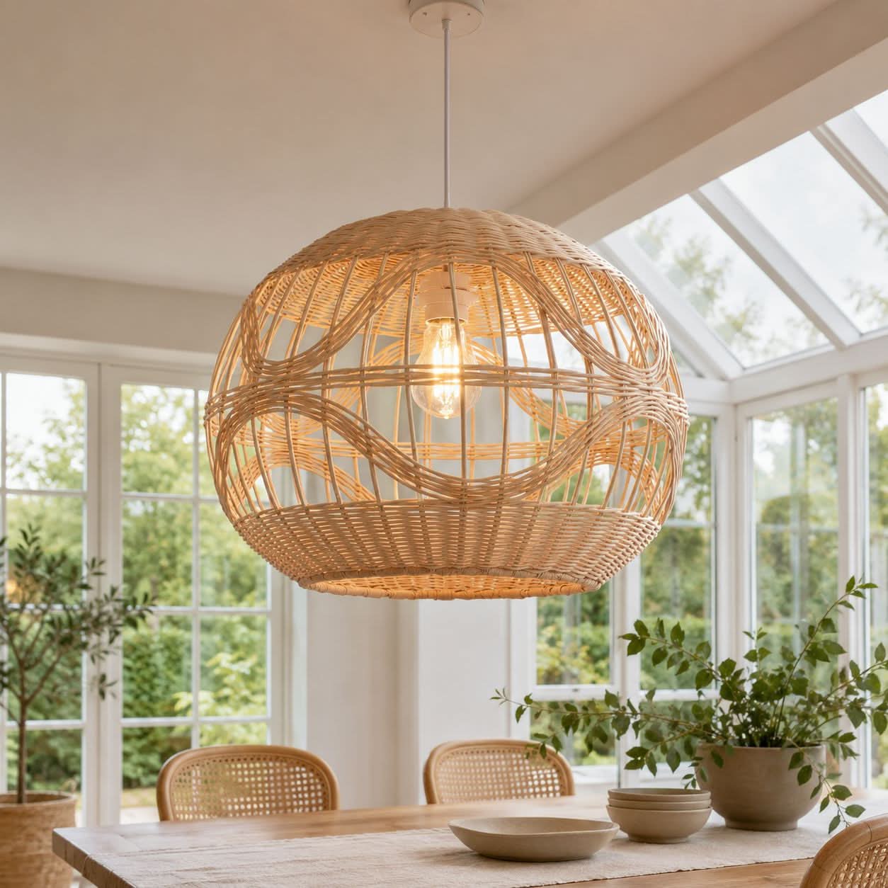 Lightsin Sustainable Handwoven Spherical Rattan Pendant Light with Wave Details Lightsin UK 