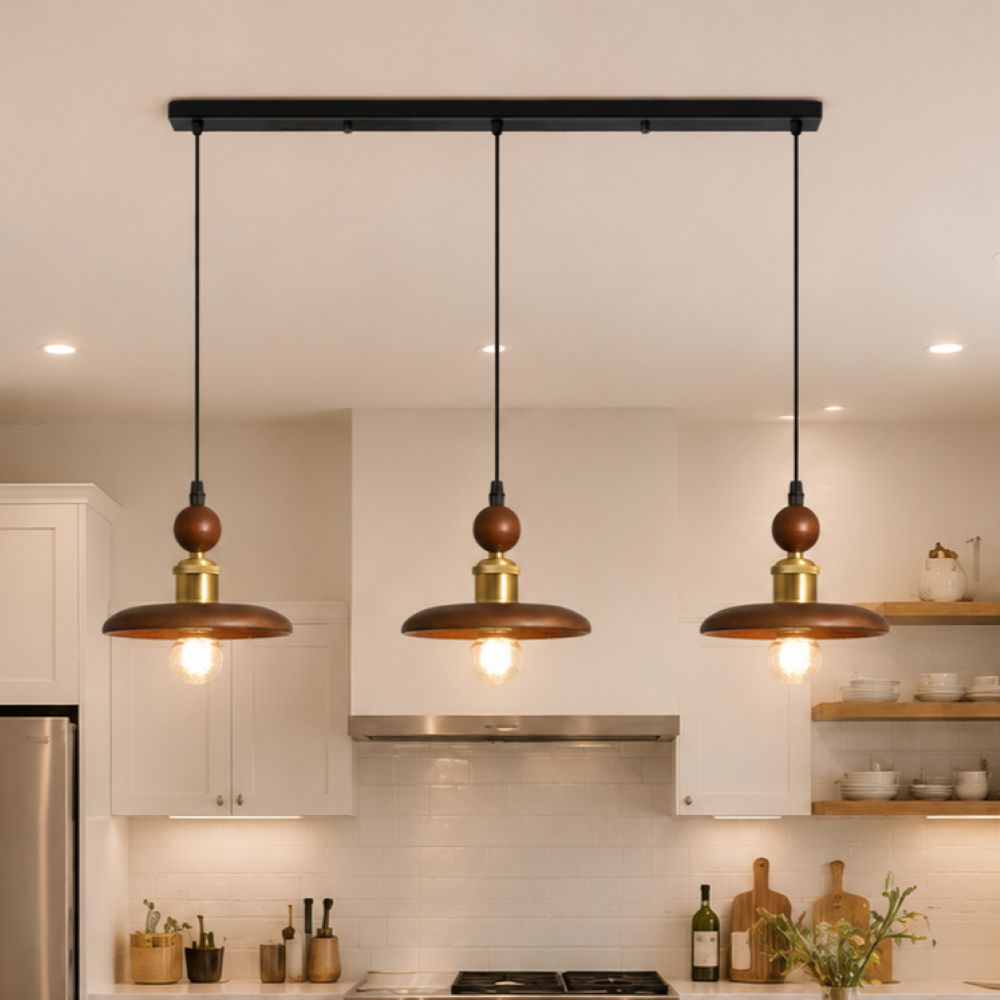 3-Light Walnut Wood Mini Pendant Light | E27 Ceiling Lamp Pendant Light Lightsin UK In Stock 