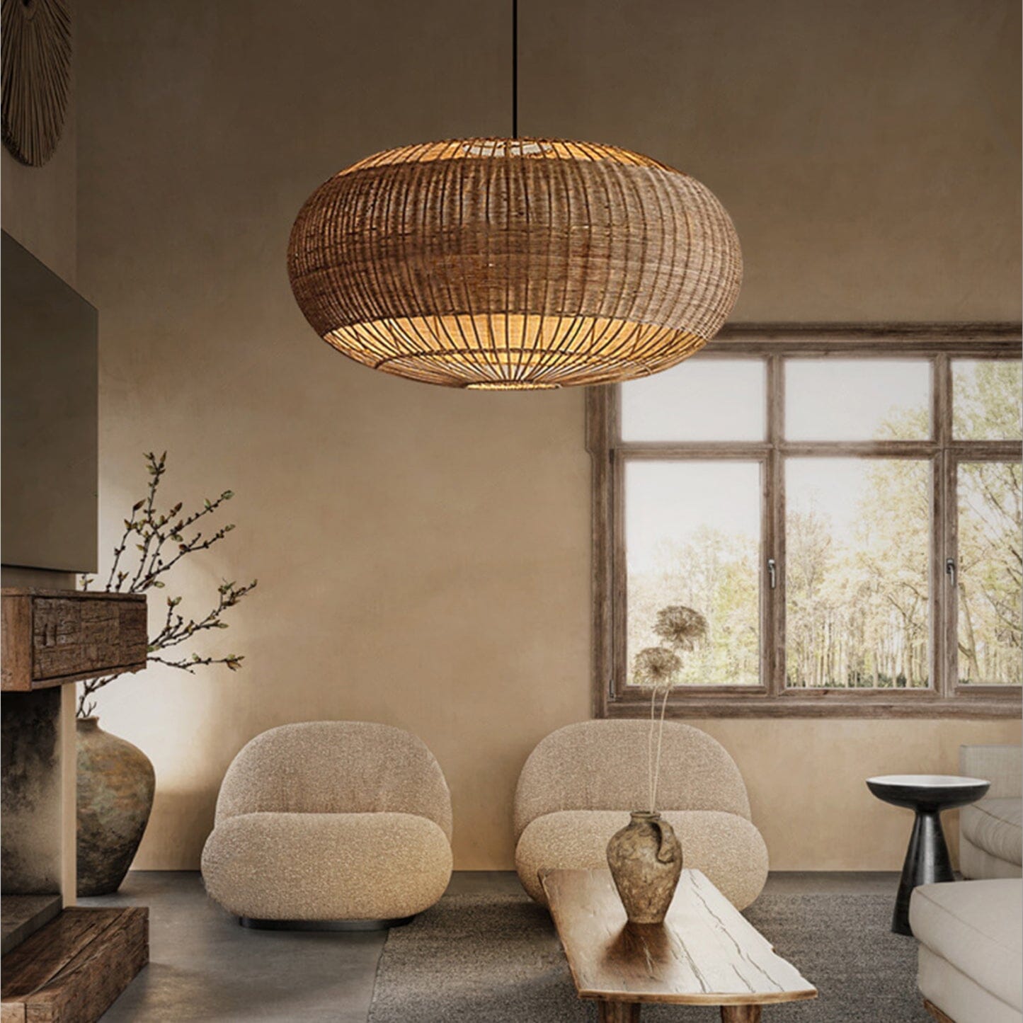 Lightsin Handcrafted Rattan Pendant Light in Flat Round Basket Shape Lightsin UK 60cm Dia×33cm 