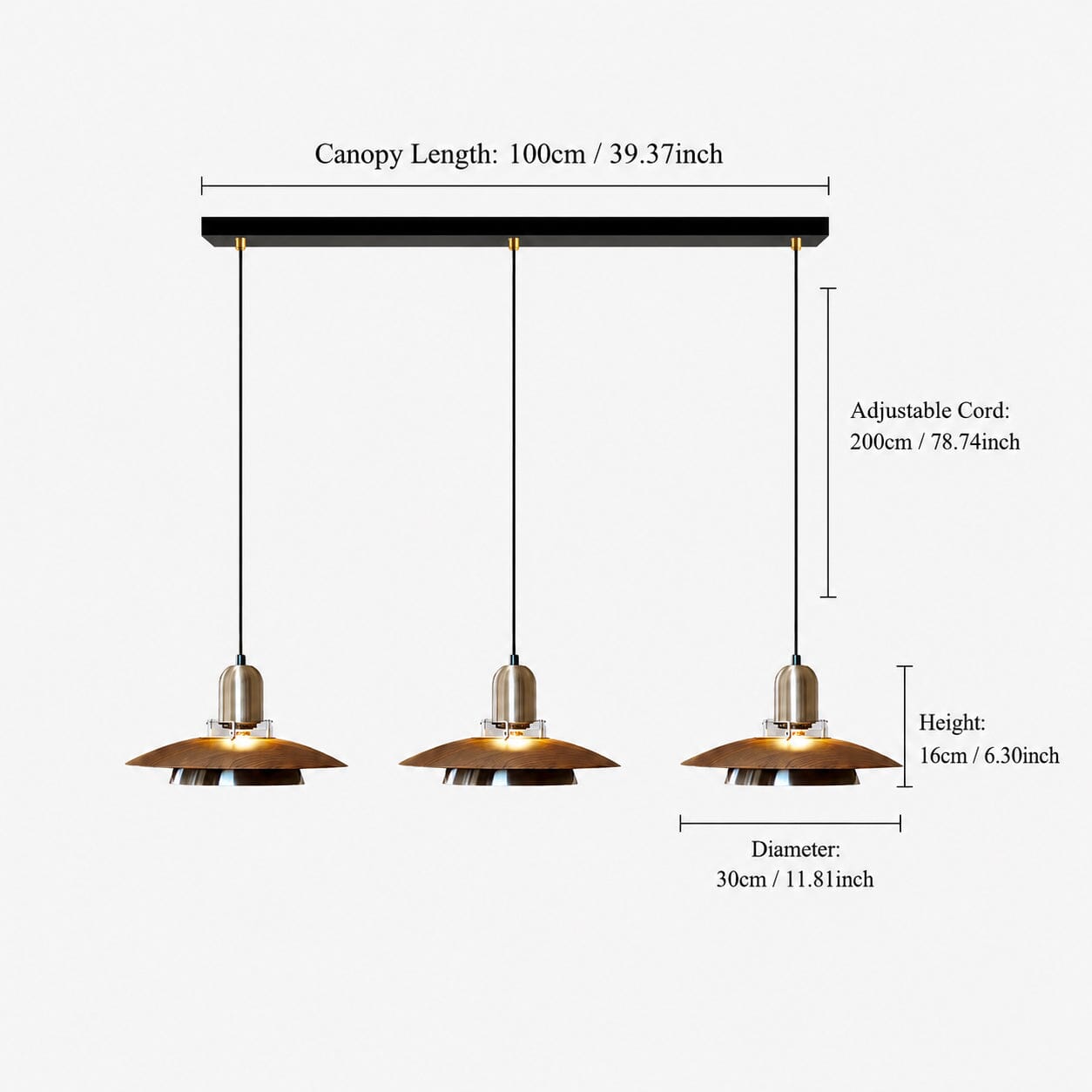 3-Light Walnut Iron Pendant Light | Adjustable E27 Ceiling Lamp Pendant Light Lightsin UK 
