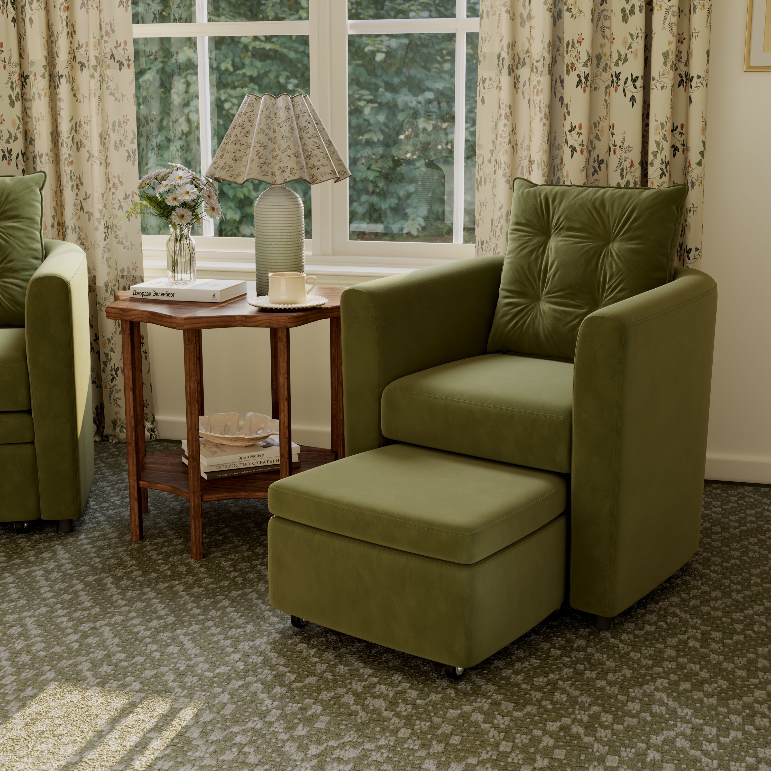 Cottonfy Green Velvet Armchair with Hidden Storage Footstool Cottonfy UK 