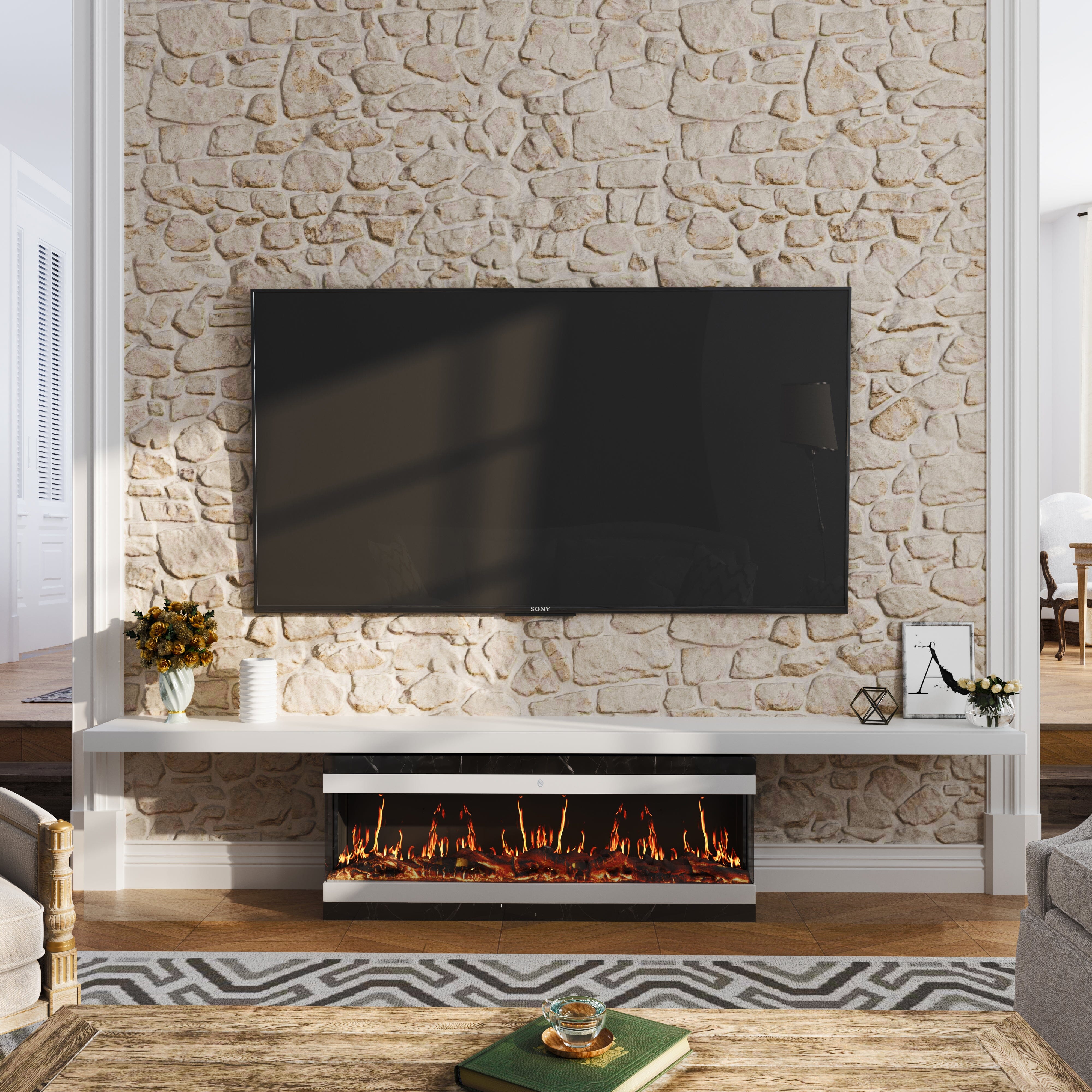 42/50/60/72inch 3-Sided Black/White Electric Fireplace with Remote Control, WiFi Function, Adjustable LED Flames and Heating Modes Living and Home White 50inch 