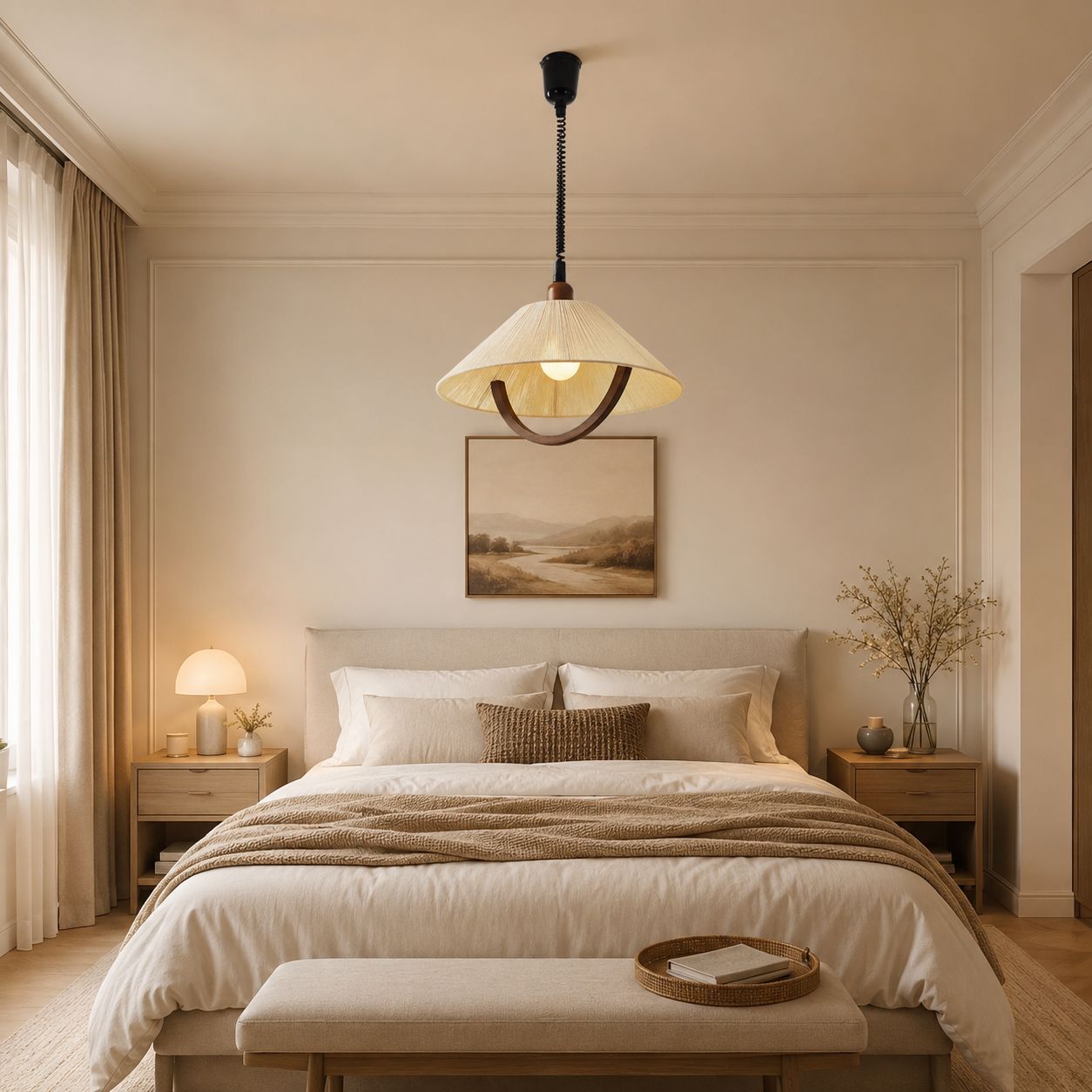 Natural Wood Curved Pendant Light | Cotton Cord Ceiling Lamp Pendant Light Lightsin UK 