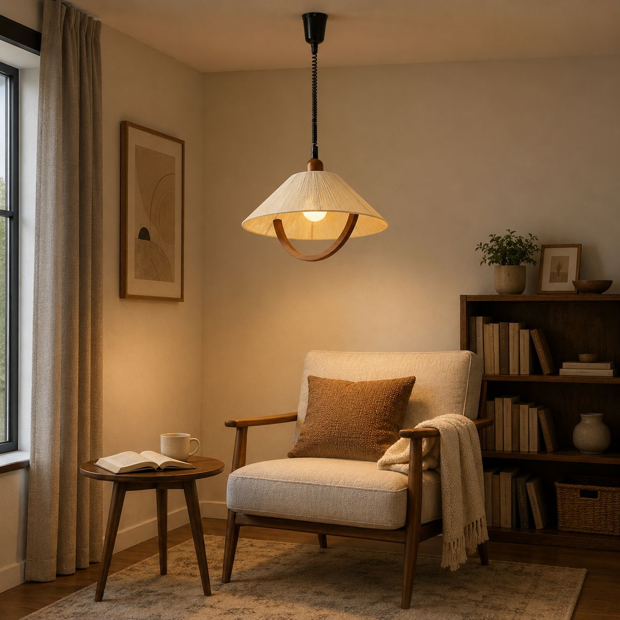 Natural Wood Curved Pendant Light | Cotton Cord Ceiling Lamp Pendant Light Lightsin UK 