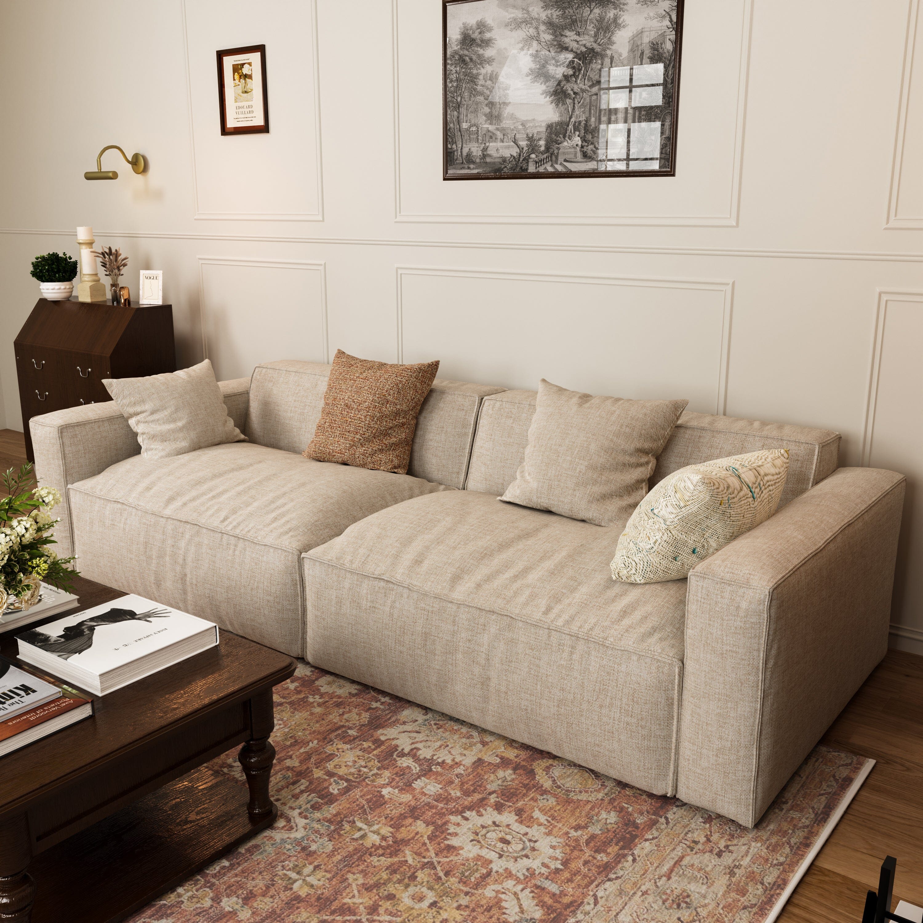 Cottonfy Elegant Linen Tofu Block Fabric Down Sofa 2 Seater Sofas Cottonfy UK 