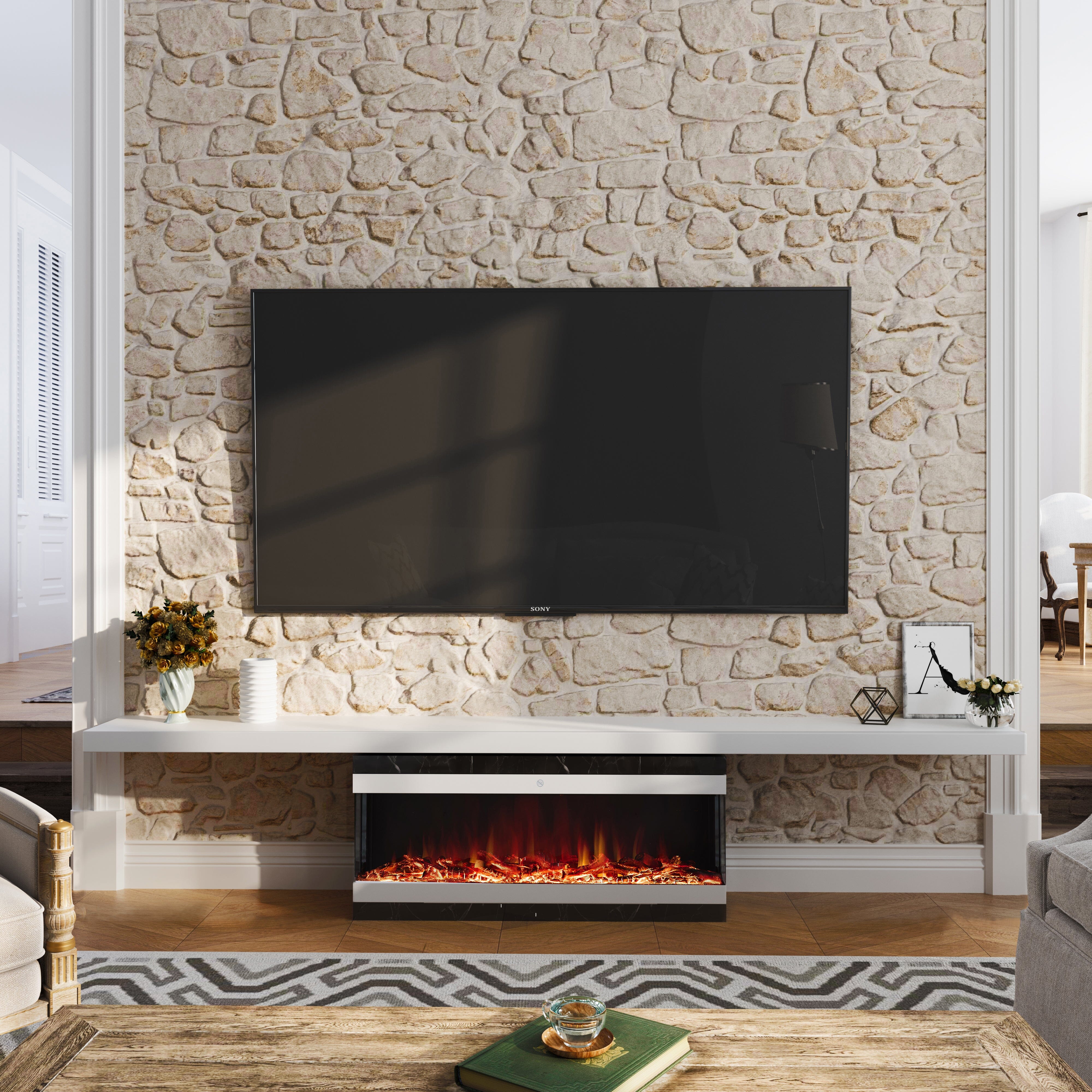 42/48/56/72inch 3-Sided Black/White Electric Fireplace with Remote Control, WiFi Function, Adjustable LED Flames and Heating Modes Living and Home White 42inch 