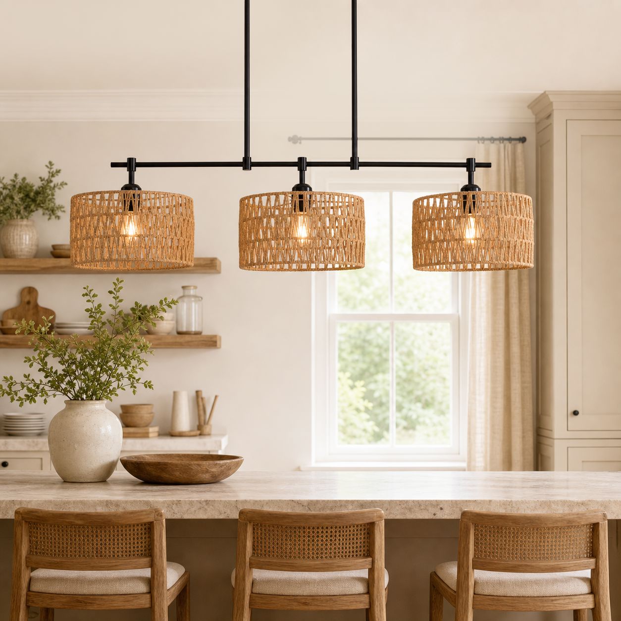 Lightsin 3-Shade Handwoven Pendant Light – Eco-Friendly Rustic Ceiling Lighting for Kitchen Islands & Dining Areas Lightsin UK 
