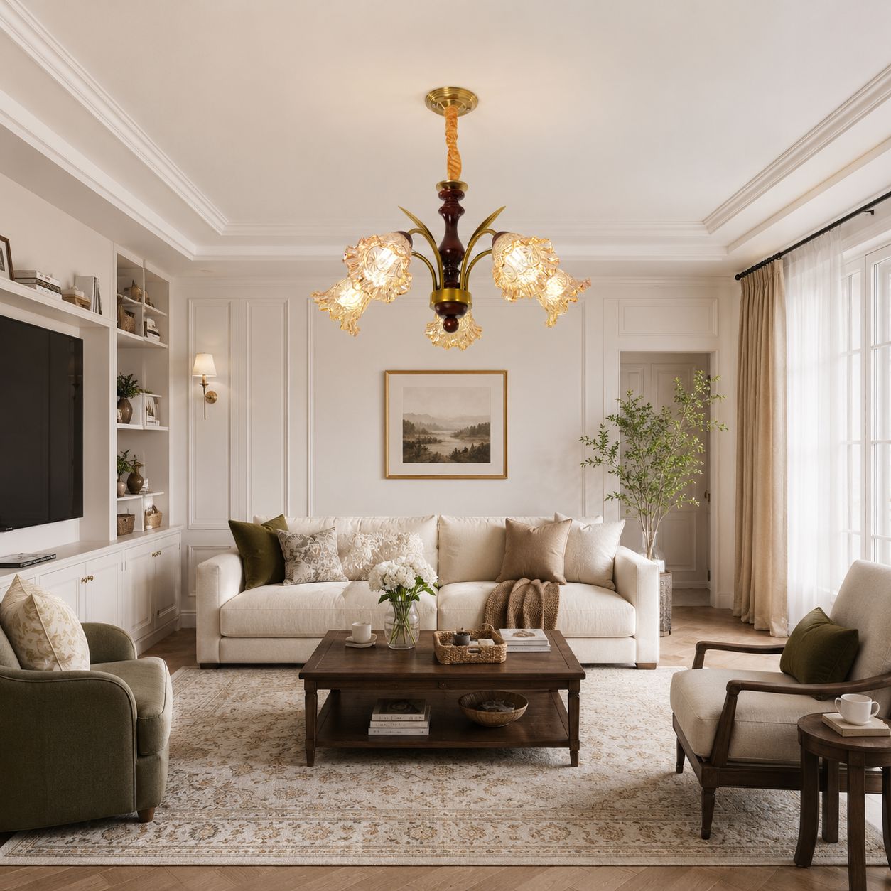 5-Light Vintage Glass Flower Chandelier | Copper E27 Pendant Lamp Pendant Light Lightsin UK 