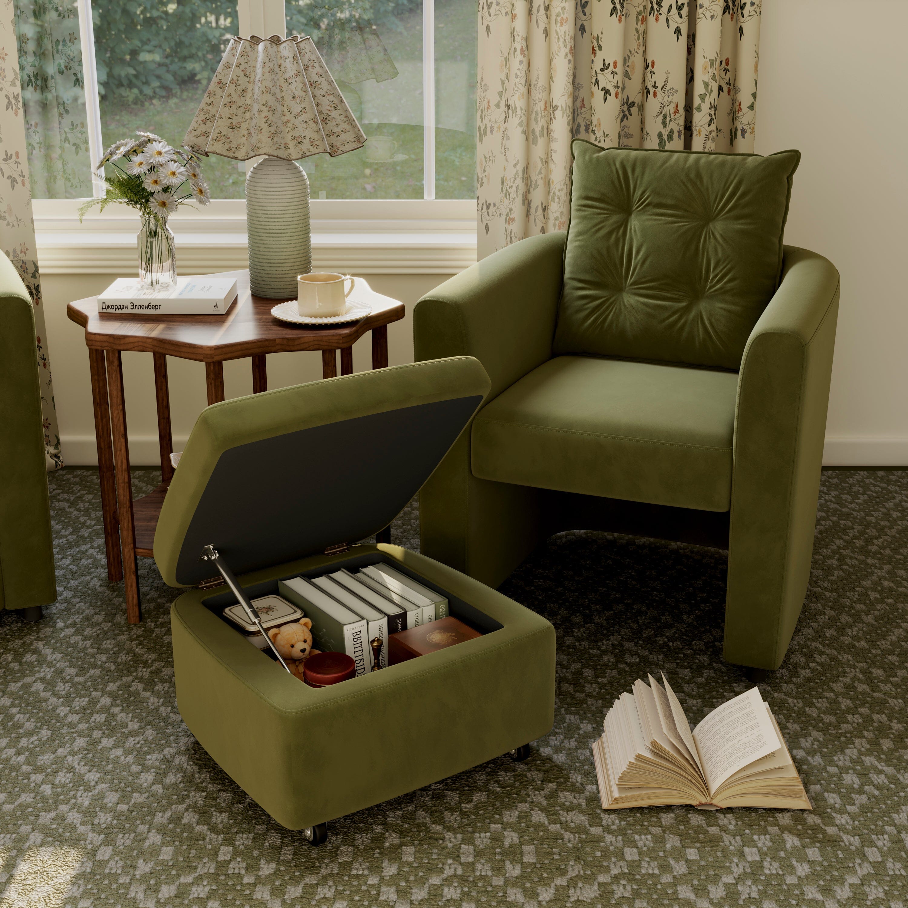 Cottonfy Green Velvet Armchair with Hidden Storage Footstool Cottonfy UK 