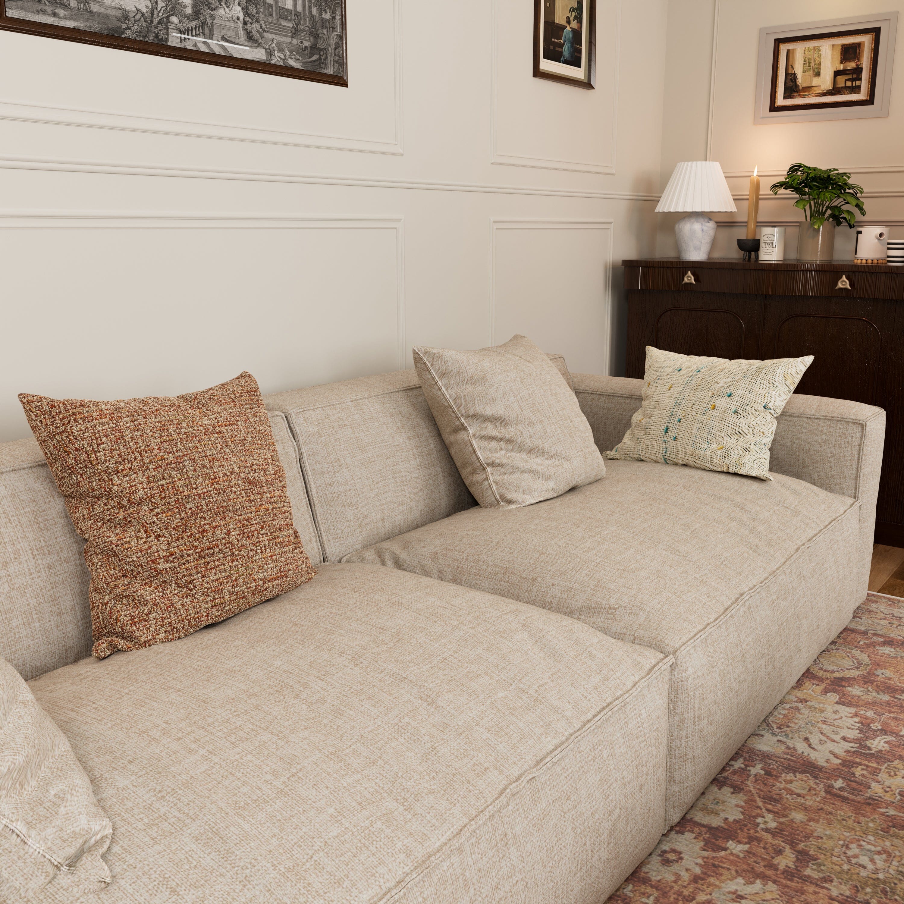 Cottonfy Elegant Linen Tofu Block Fabric Down Sofa 2 Seater Sofas Cottonfy UK 