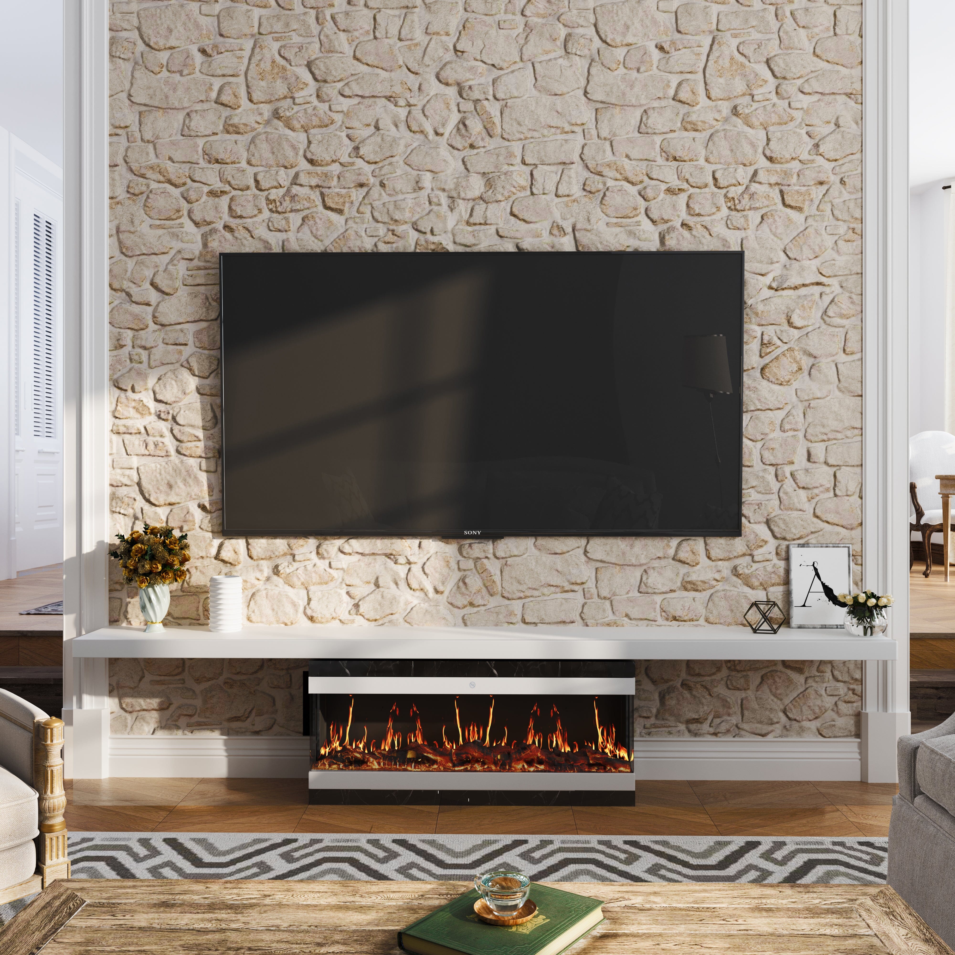 42/50/60/72inch 3-Sided Black/White Electric Fireplace with Remote Control, WiFi Function, Adjustable LED Flames and Heating Modes Living and Home White 42inch 