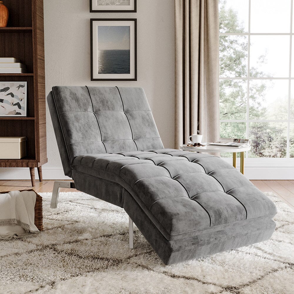 Chaise Lounge Grey Velvet Upholstered with Metal Legs Living and Home