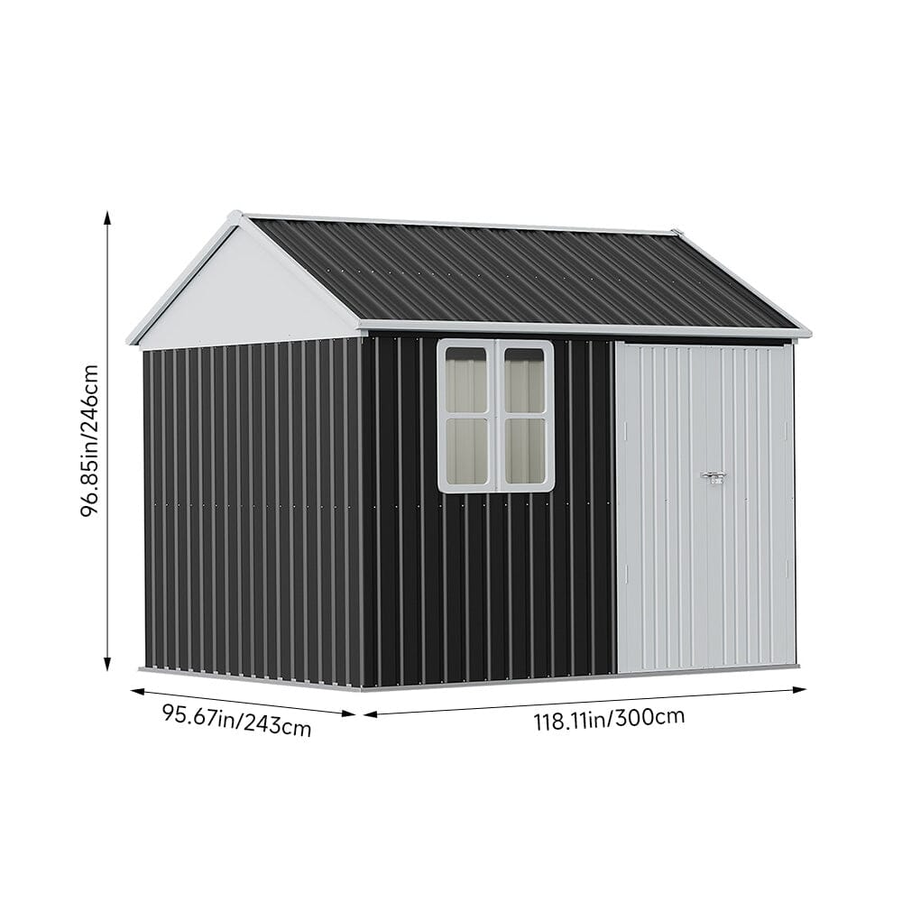 10x8FT Charcoal Black Storage Shed with Double Doors and Grid Window Living and Home 