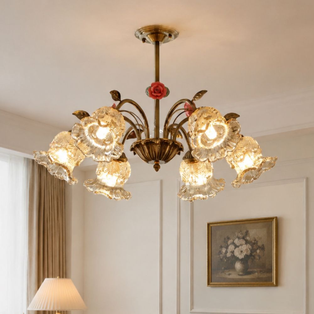 6-Light Gold Vintage Pink Floral Glass Chandelier | E27 Ceiling Lamp Pendant Light Lightsin UK In Stock 
