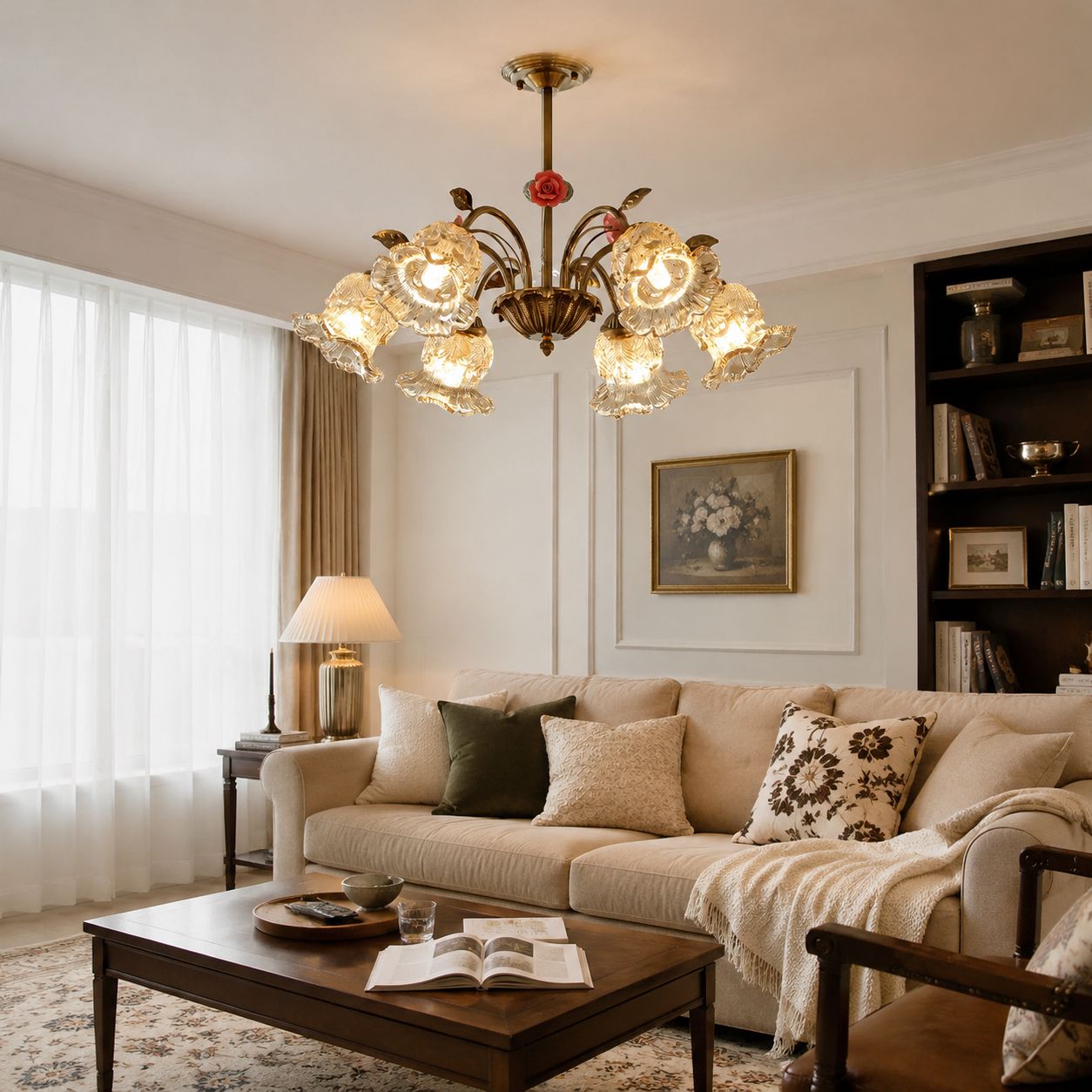 6-Light Gold Vintage Pink Floral Glass Chandelier | E27 Ceiling Lamp Pendant Light Lightsin UK Pre-Order 