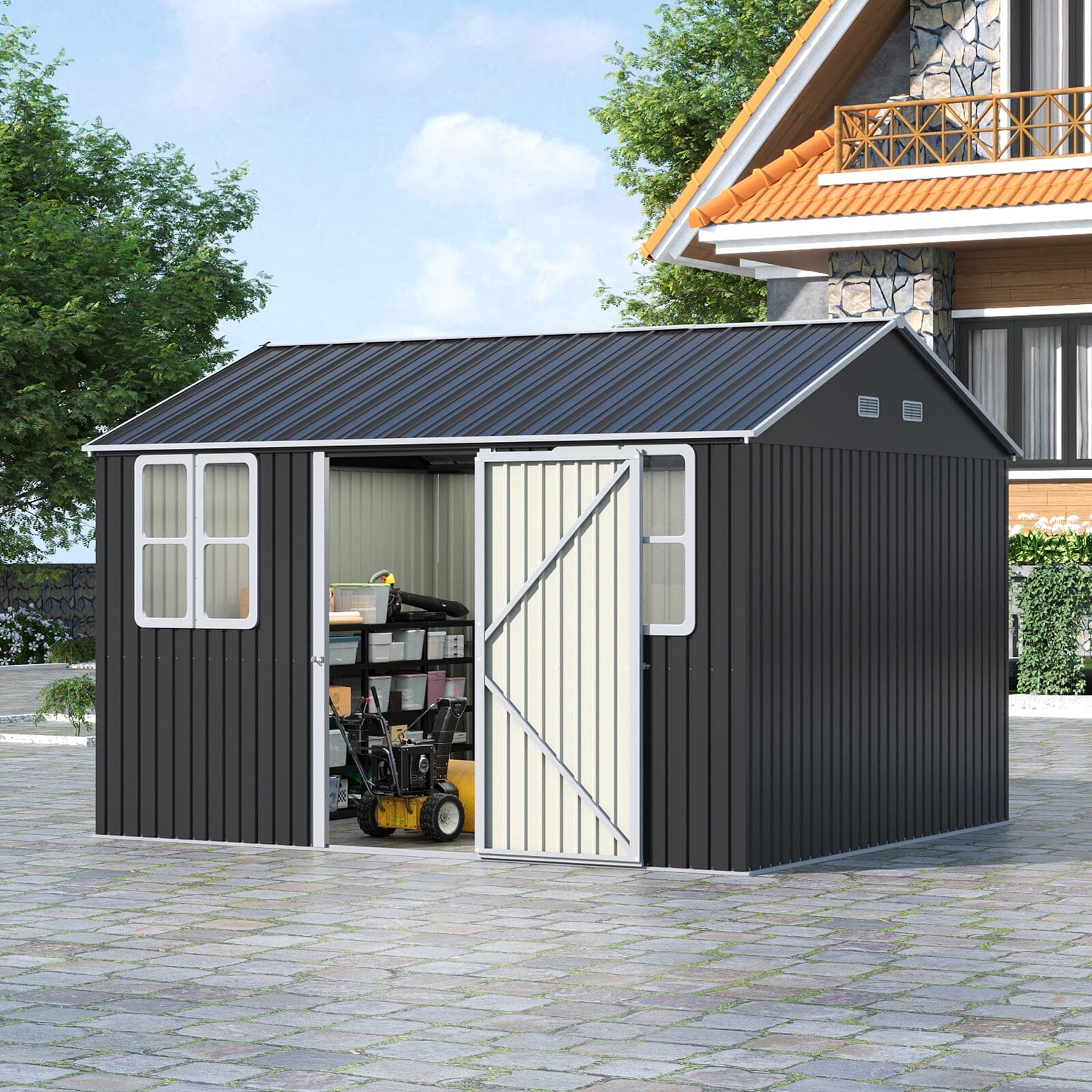7X4ft/8.5X5.5ft/10x8ft Charcoal Black Storage Shed with Double Doors and Grid Window Living and Home 
