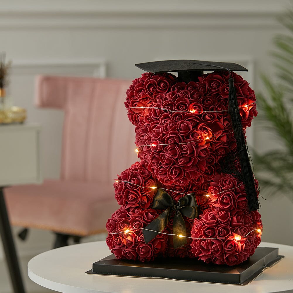 Simulation Foam Forever Rose Teddy Bear Gift Box-Black Tassel Black Hat-Wine Red Living and Home 