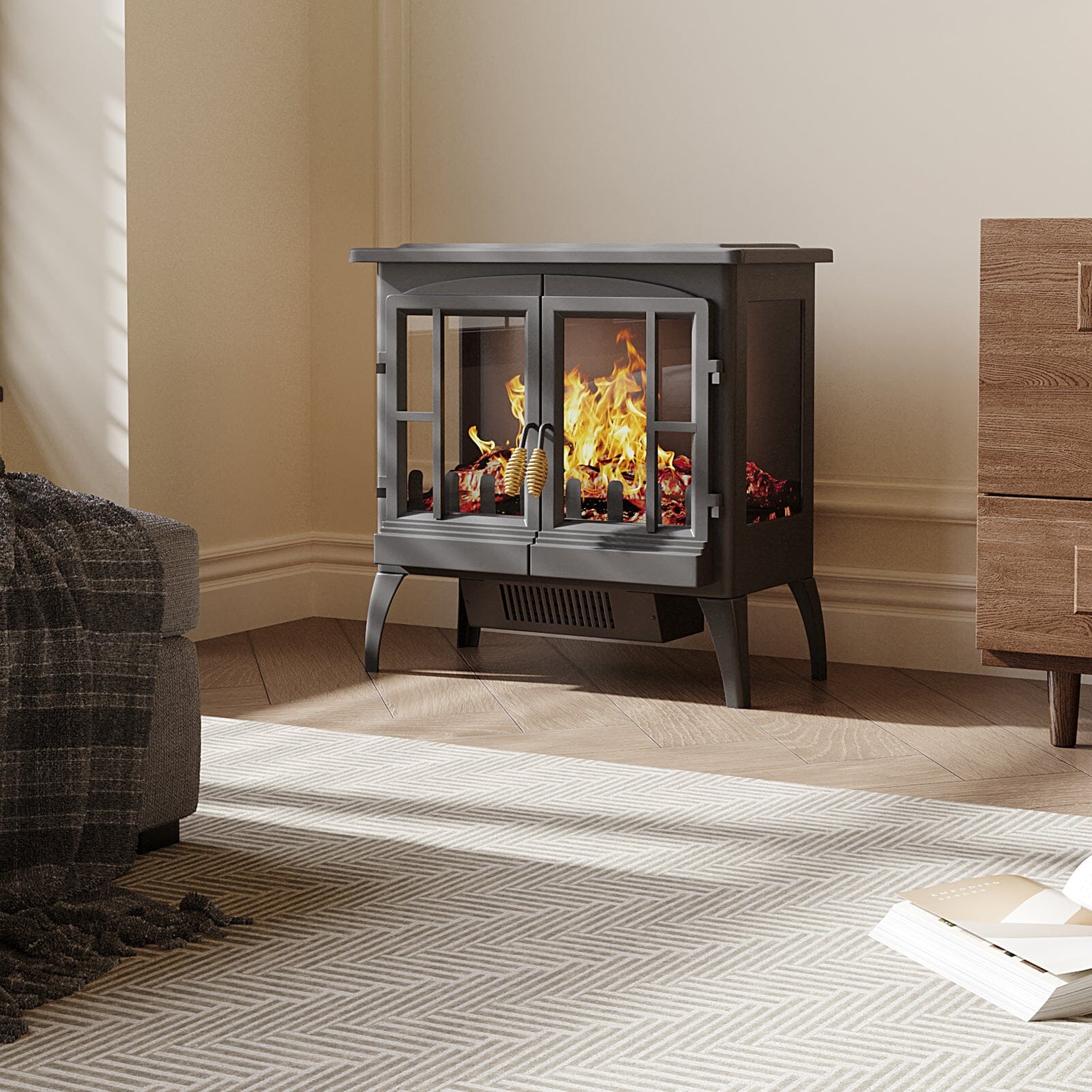 Black Freestanding Electric Fireplace Heater with Adjustable Flame Brightness Living and Home 
