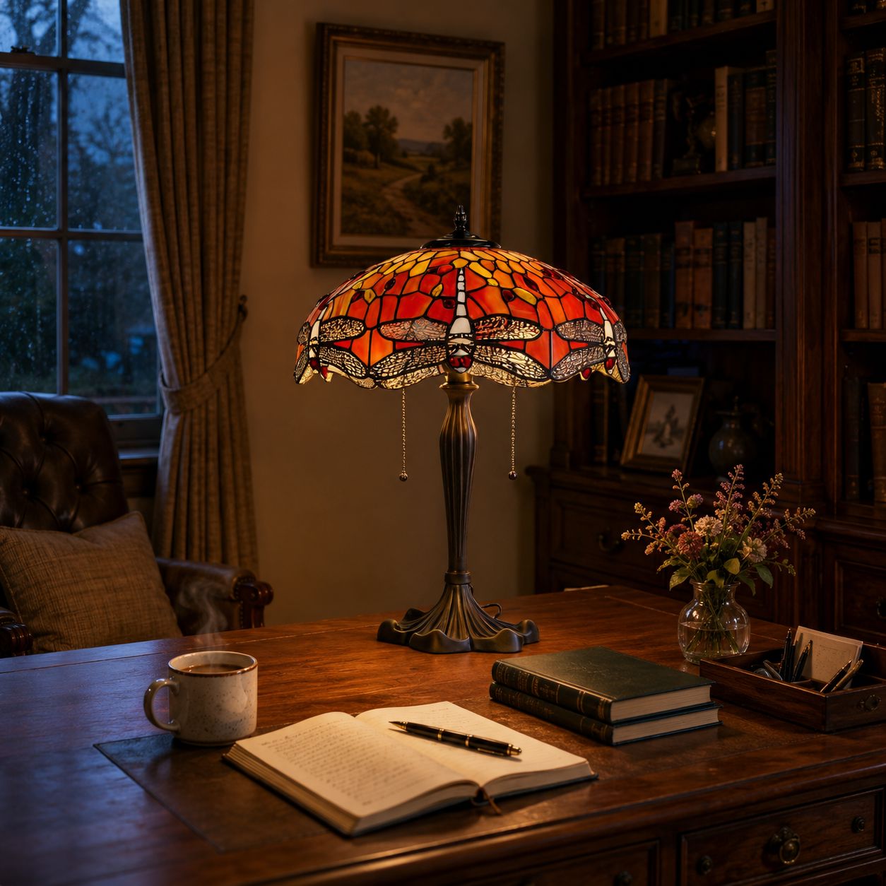 Orange Tiffany table lamp adding warm light to a traditional study desk