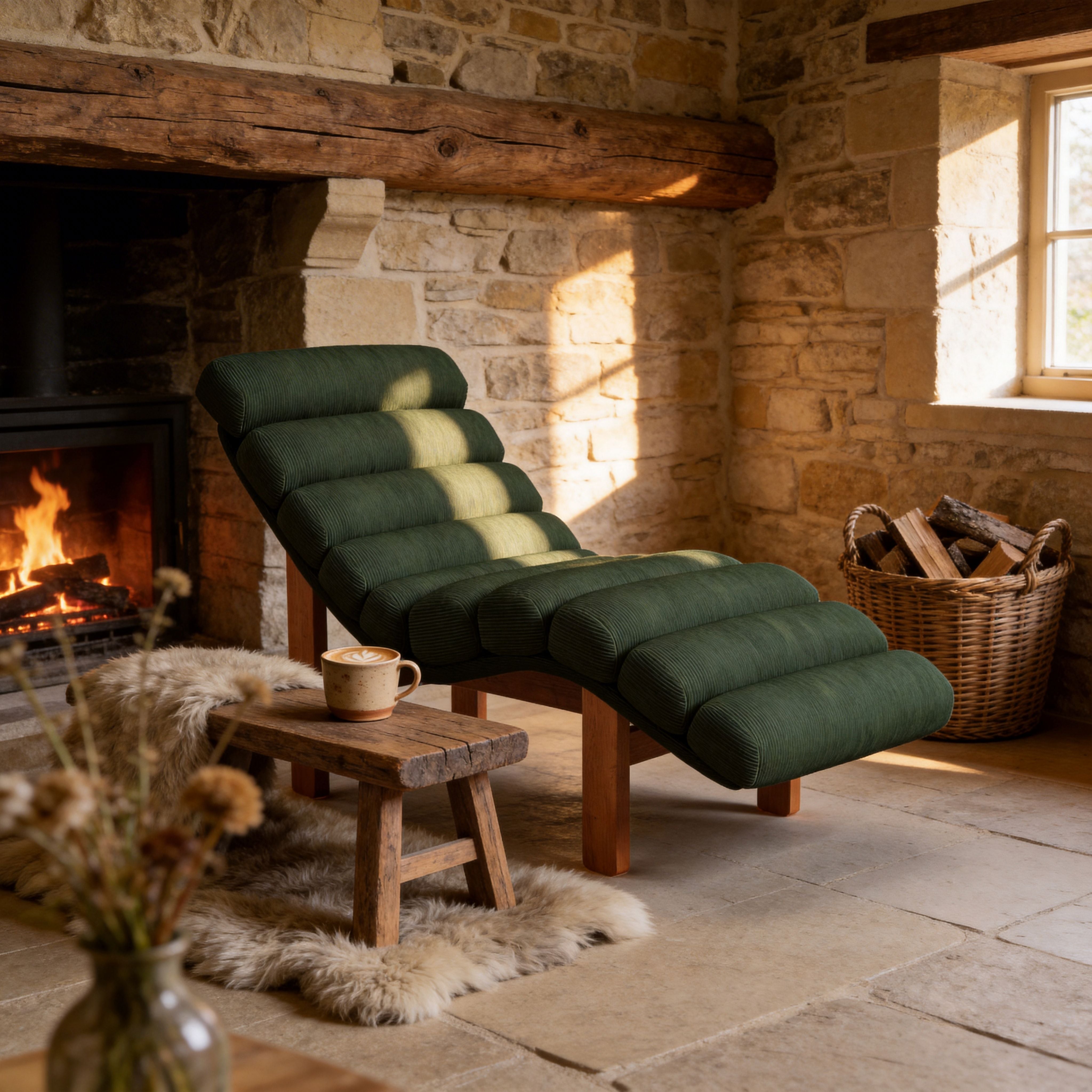 Cottonfy Modern Ergonomic Corduroy Chaise Lounge with Natural Wooden Frame Cottonfy UK 