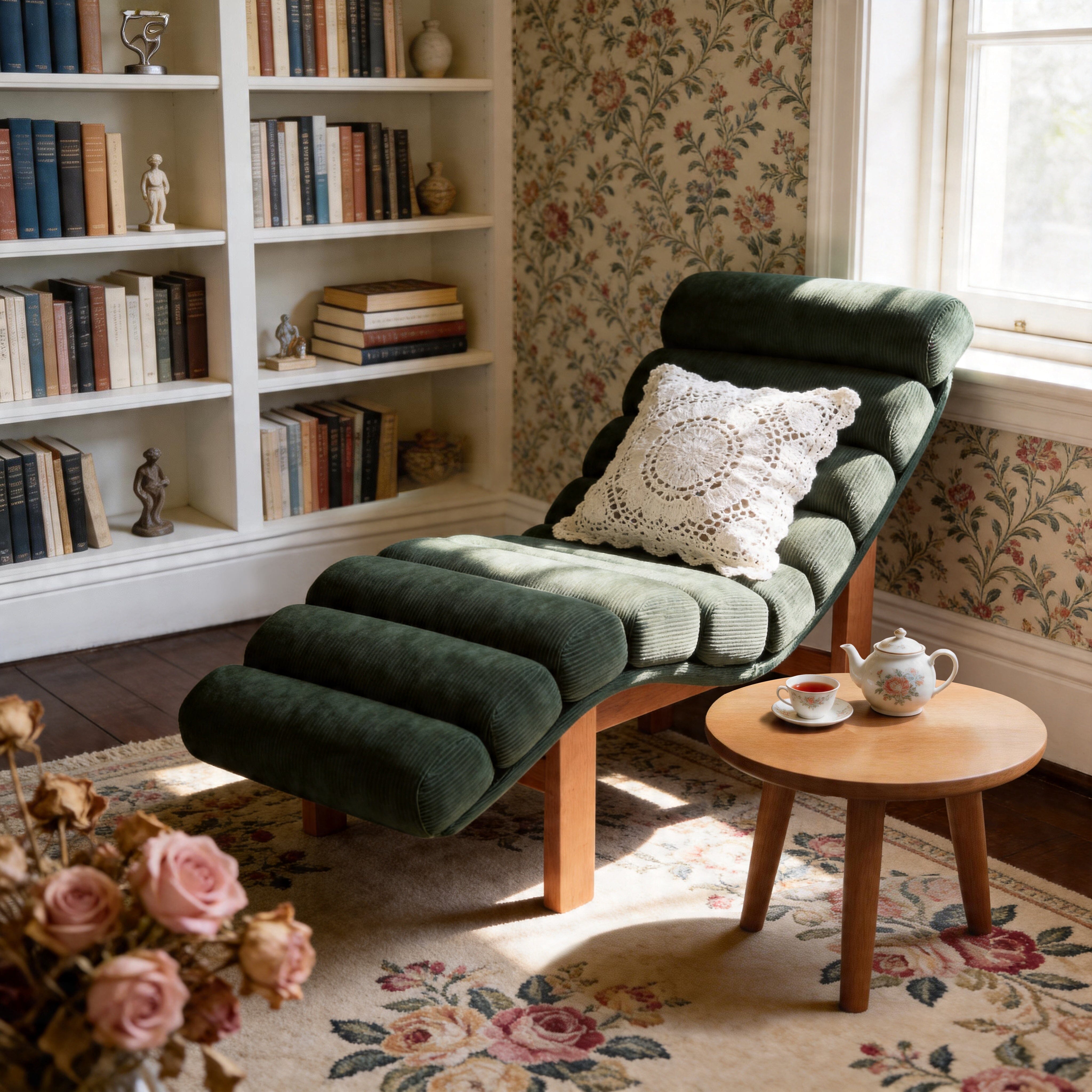 Cottonfy Modern Ergonomic Corduroy Chaise Lounge with Natural Wooden Frame Cottonfy UK 