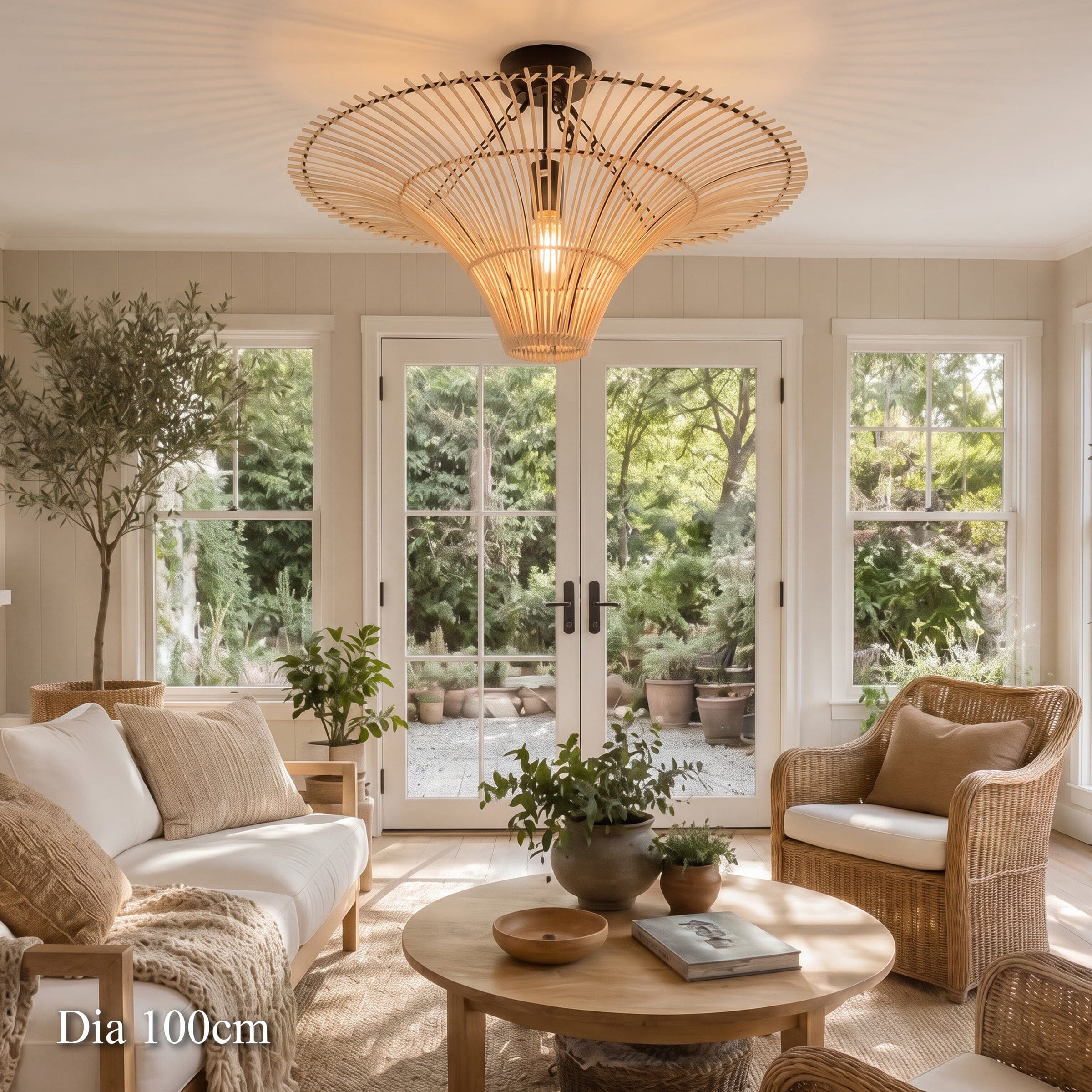 100cm woven rattan ceiling light above a natural living room with coffee table