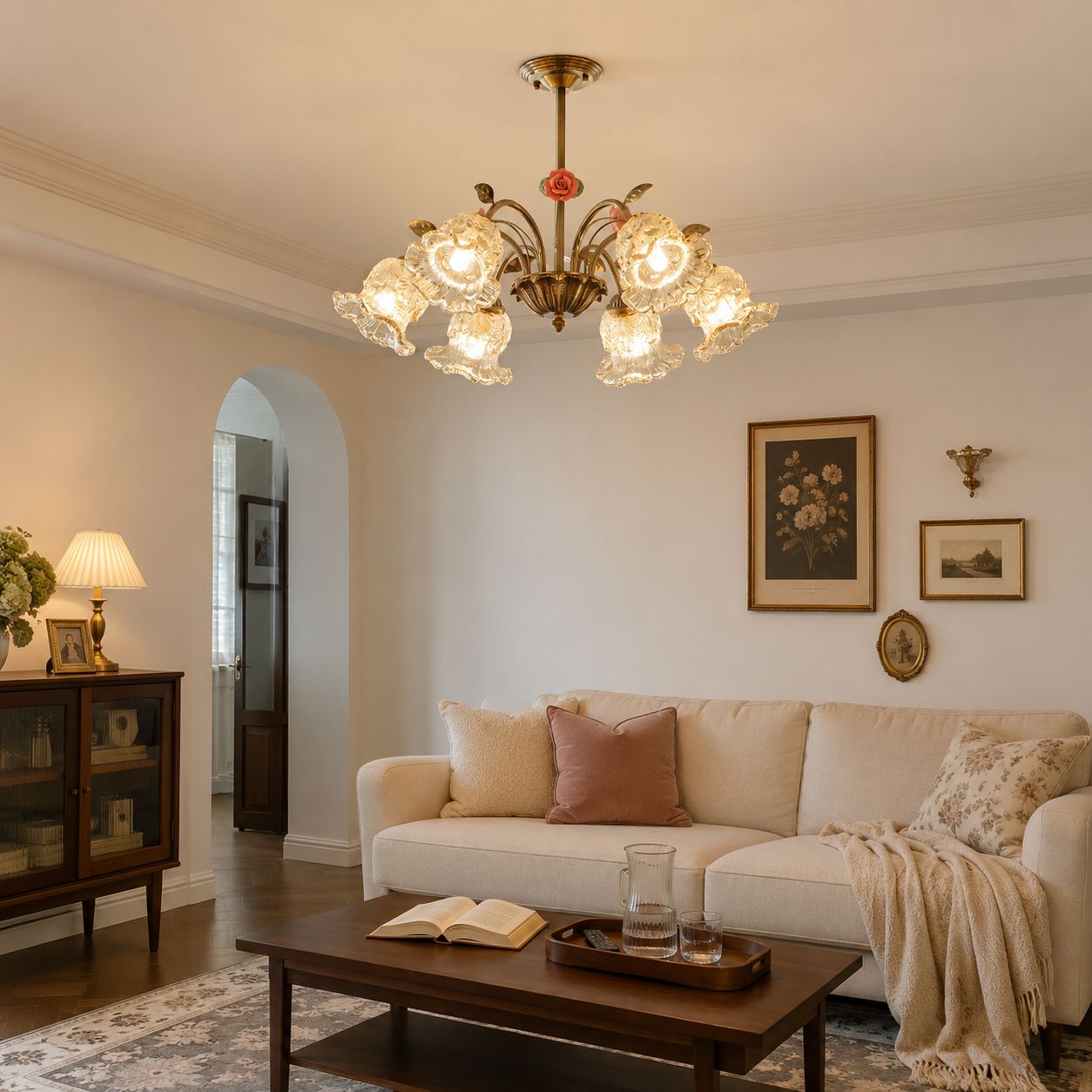 6-Light Gold Vintage Pink Floral Glass Chandelier | E27 Ceiling Lamp Pendant Light Lightsin UK 