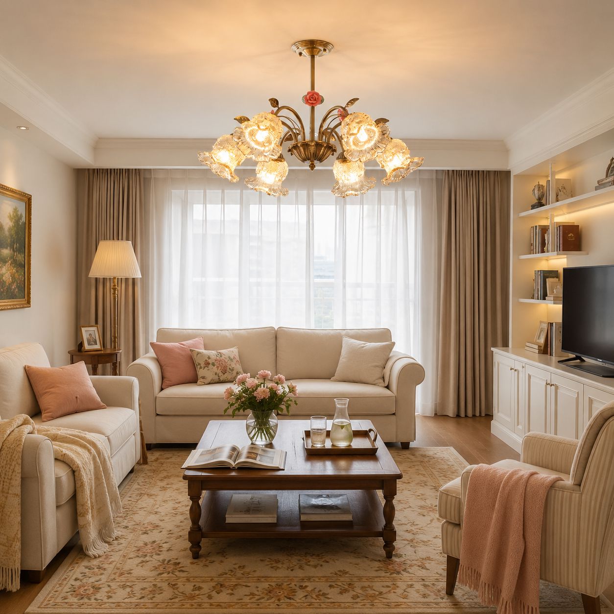 6-Light Gold Vintage Pink Floral Glass Chandelier | E27 Ceiling Lamp Pendant Light Lightsin UK 
