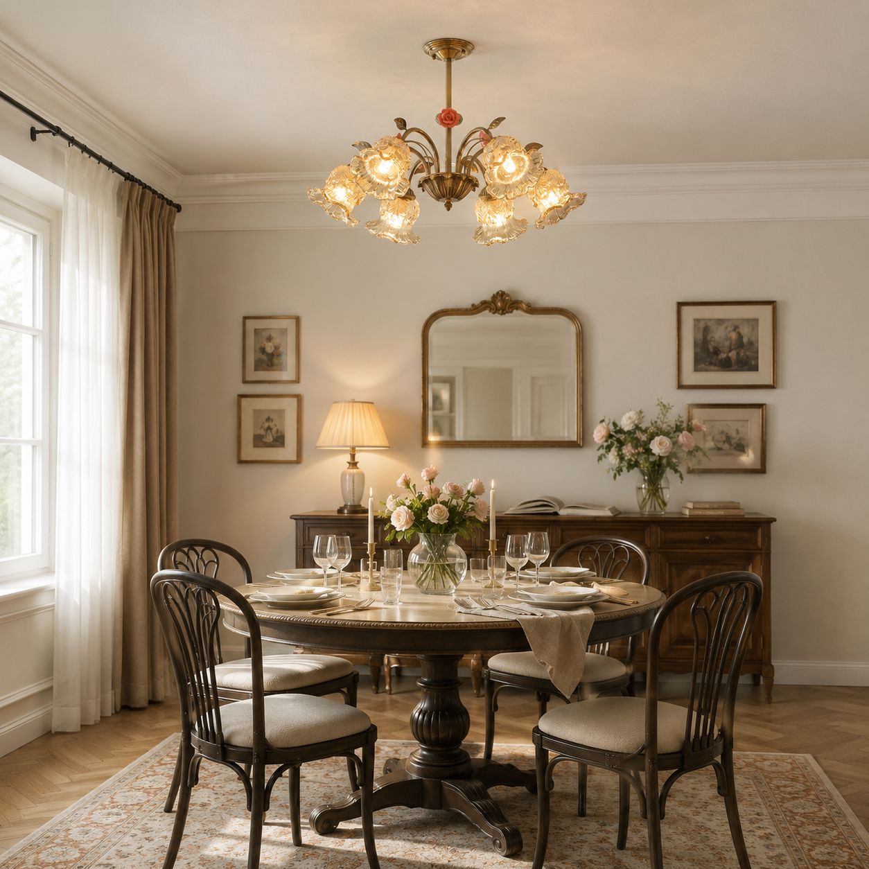 6-Light Gold Vintage Pink Floral Glass Chandelier | E27 Ceiling Lamp Pendant Light Lightsin UK 
